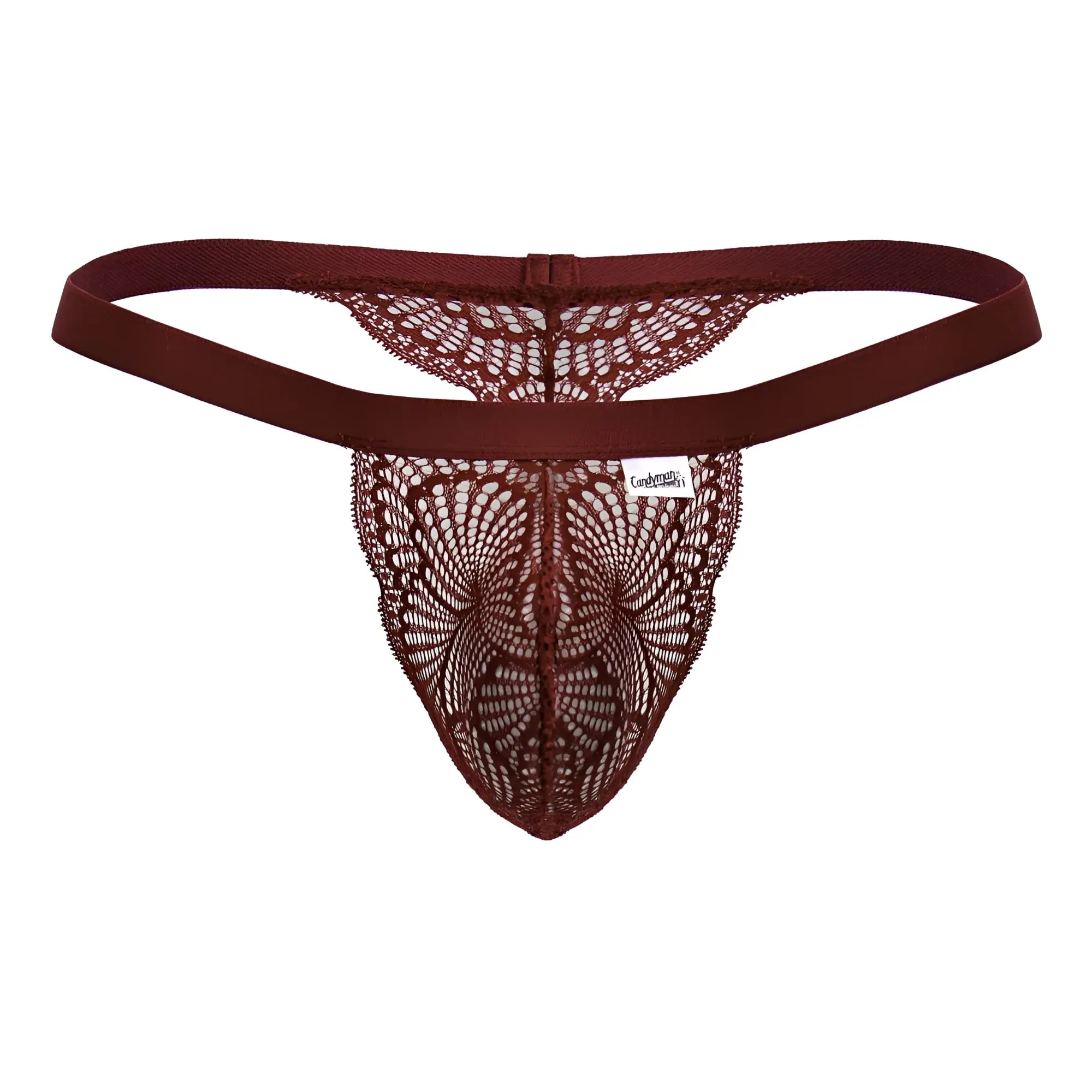 CandyMan 99823 wine maroon lace thong with butterfly pattern and elastic waistband shown from the back side