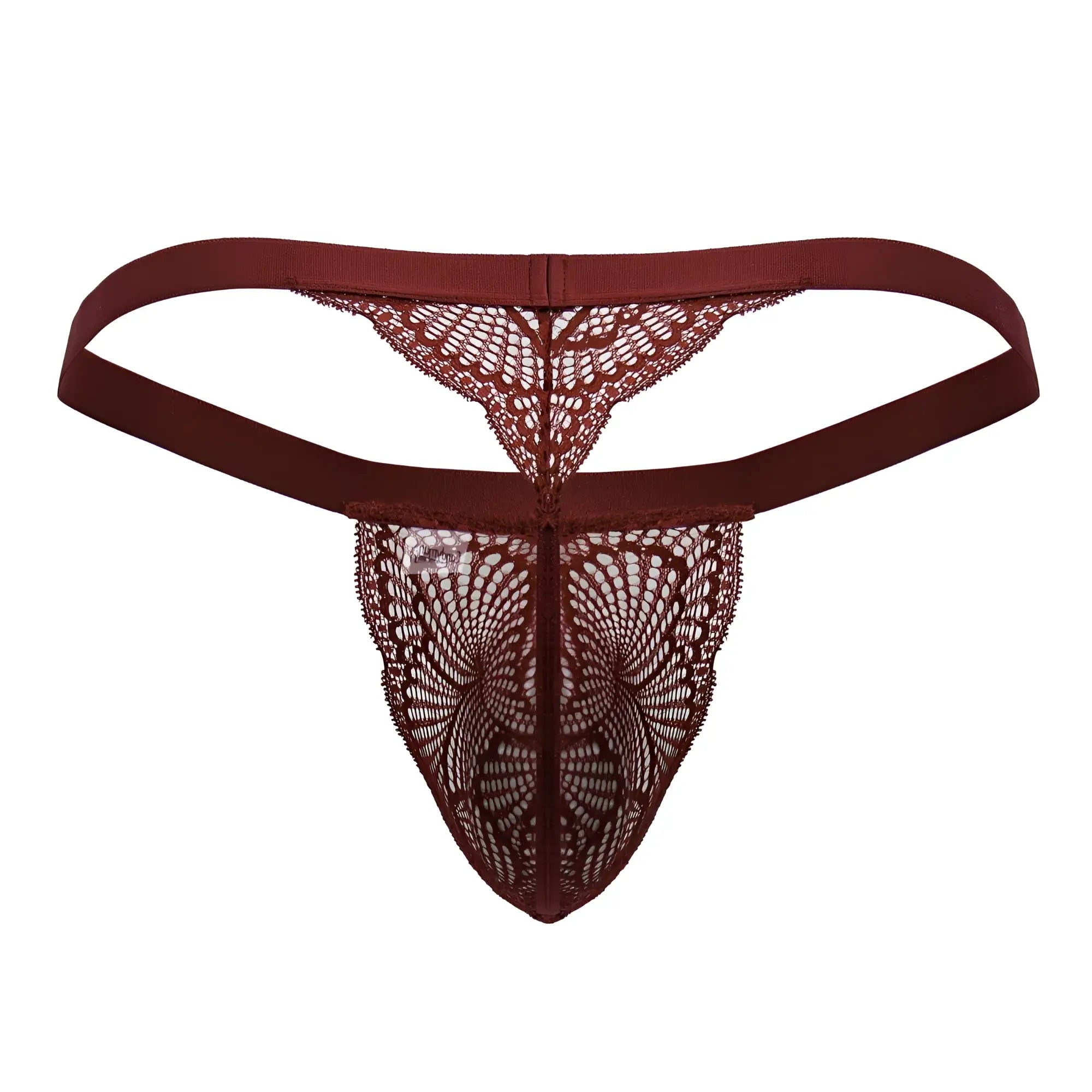 A maroon lace thong with an intricate pattern and elastic waistband from CandyMan 99823 lace thongs color wine