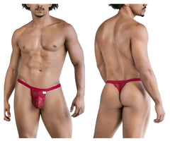 CandyMan 99823 lace thong in wine color with solid waistband and intricate lace pattern shown from front