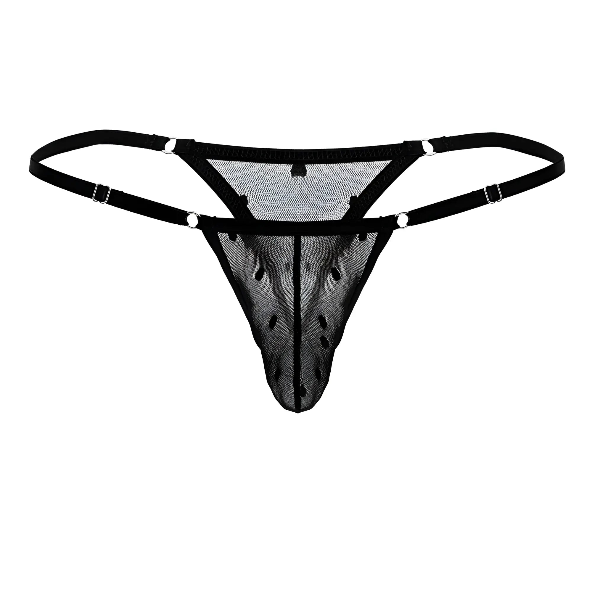 Black mesh thong with adjustable straps and silver toned metal clasps from candyman 99824 collection