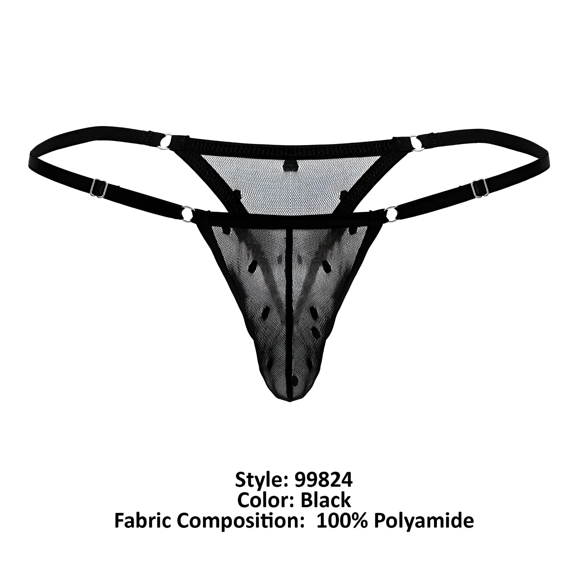 Black mesh thong candyMan 99824 with adjustable straps and silver toned metal clasps front view