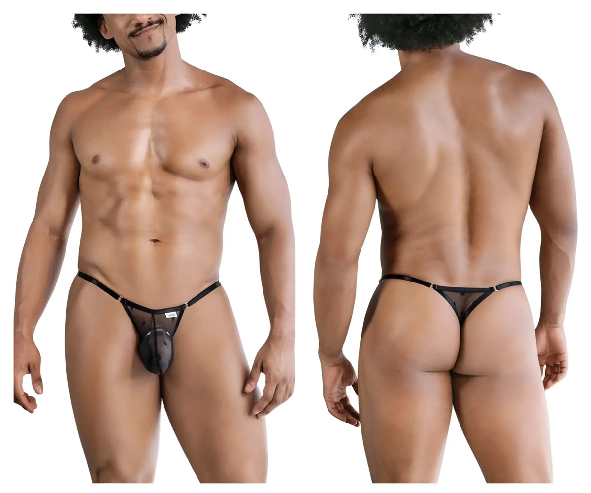 Black mesh thong with solid black pouch and adjustable straps from candyman 99824 collection