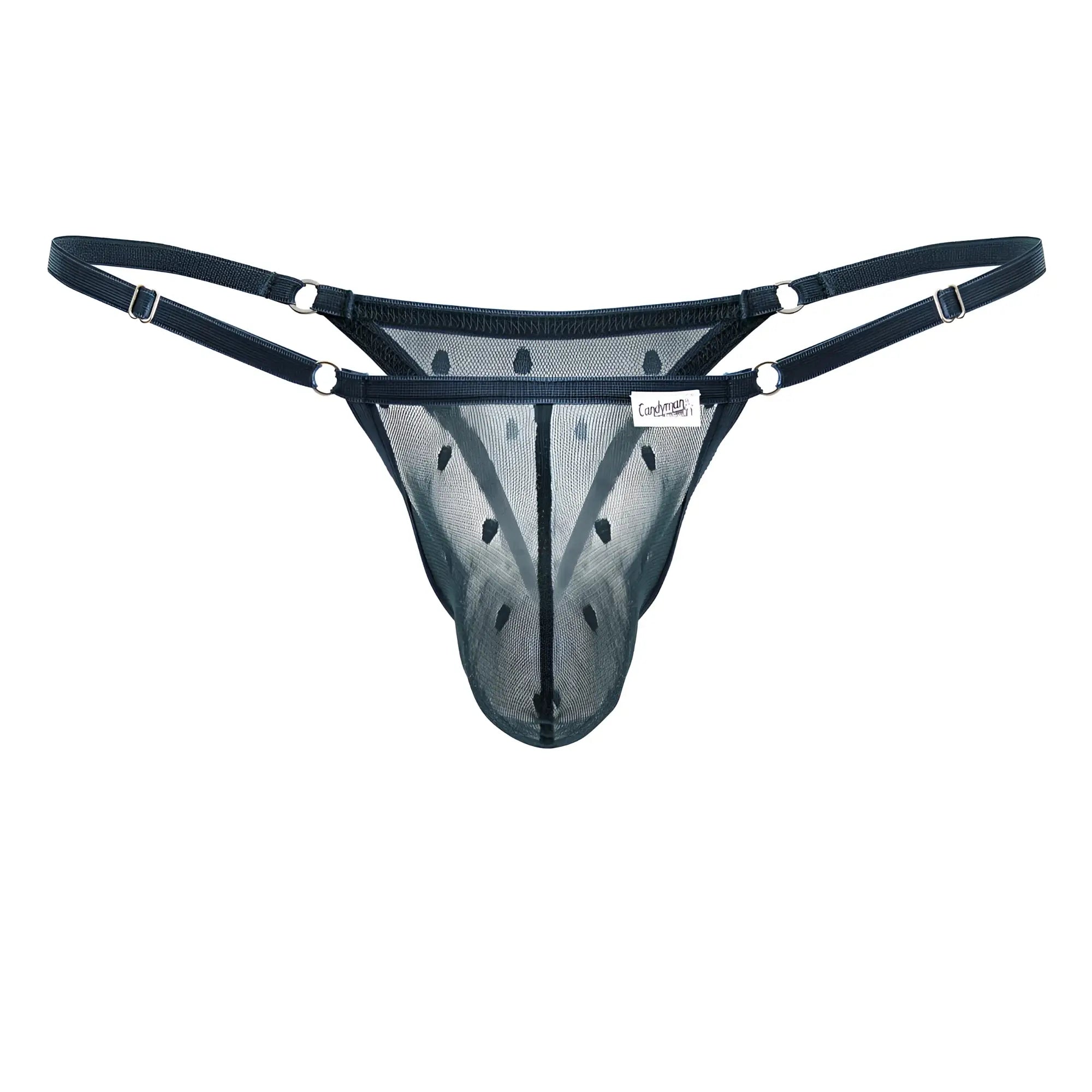 CandyMan 99824 green mesh thong with adjustable straps and silver metal hardware shown from the back side