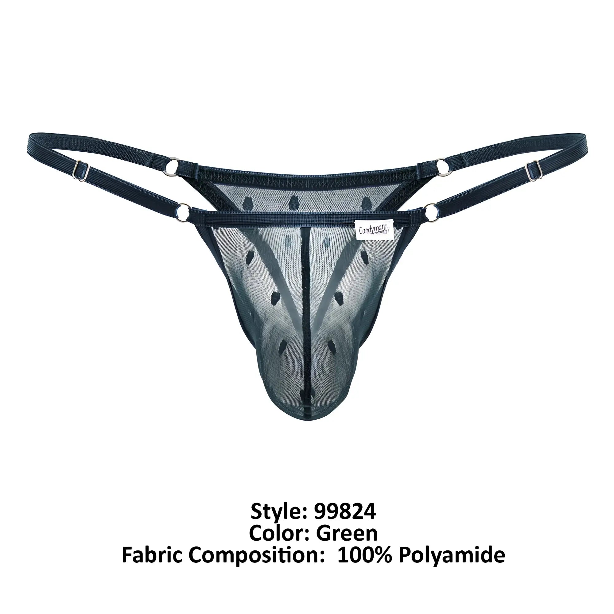 Black mesh thong candyMan 99824 in green with adjustable straps and silver toned metal hardware shown from the back