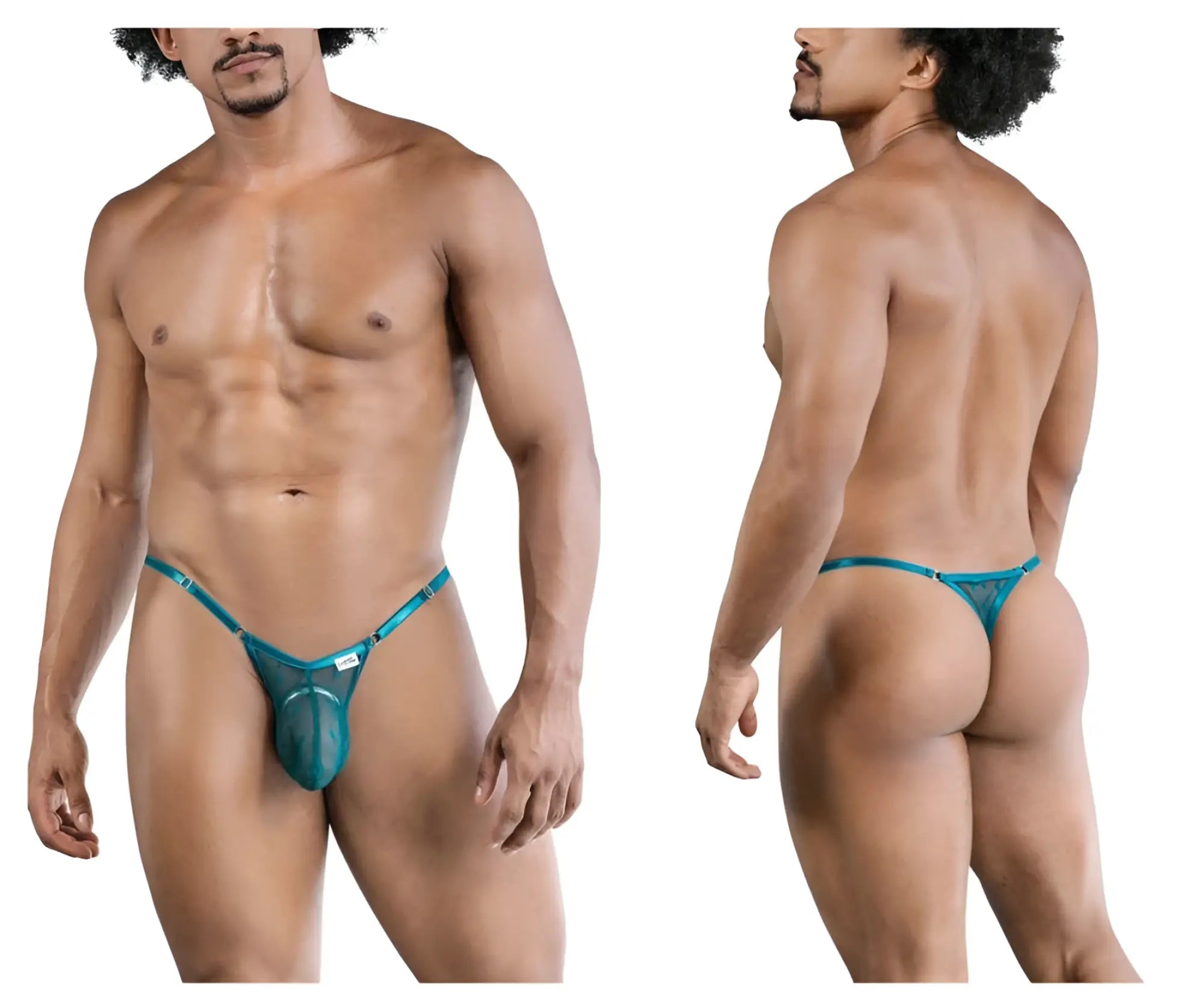Teal mesh thong with metallic trim and small brand tag from candyman 99824 mesh thongs color green collection