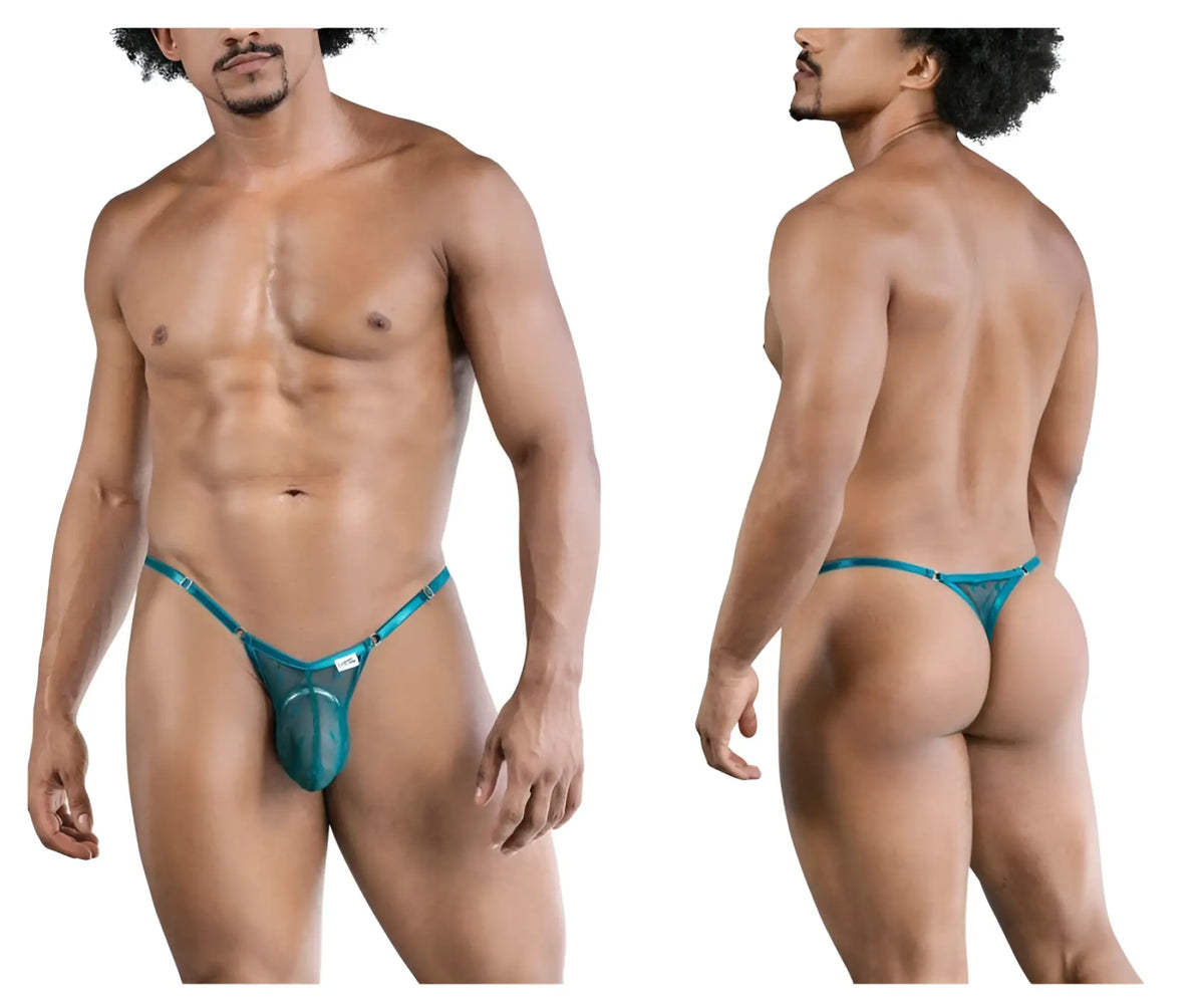 Teal mesh thong with metallic trim and small brand tag from candyman 99824 mesh thongs color green collection