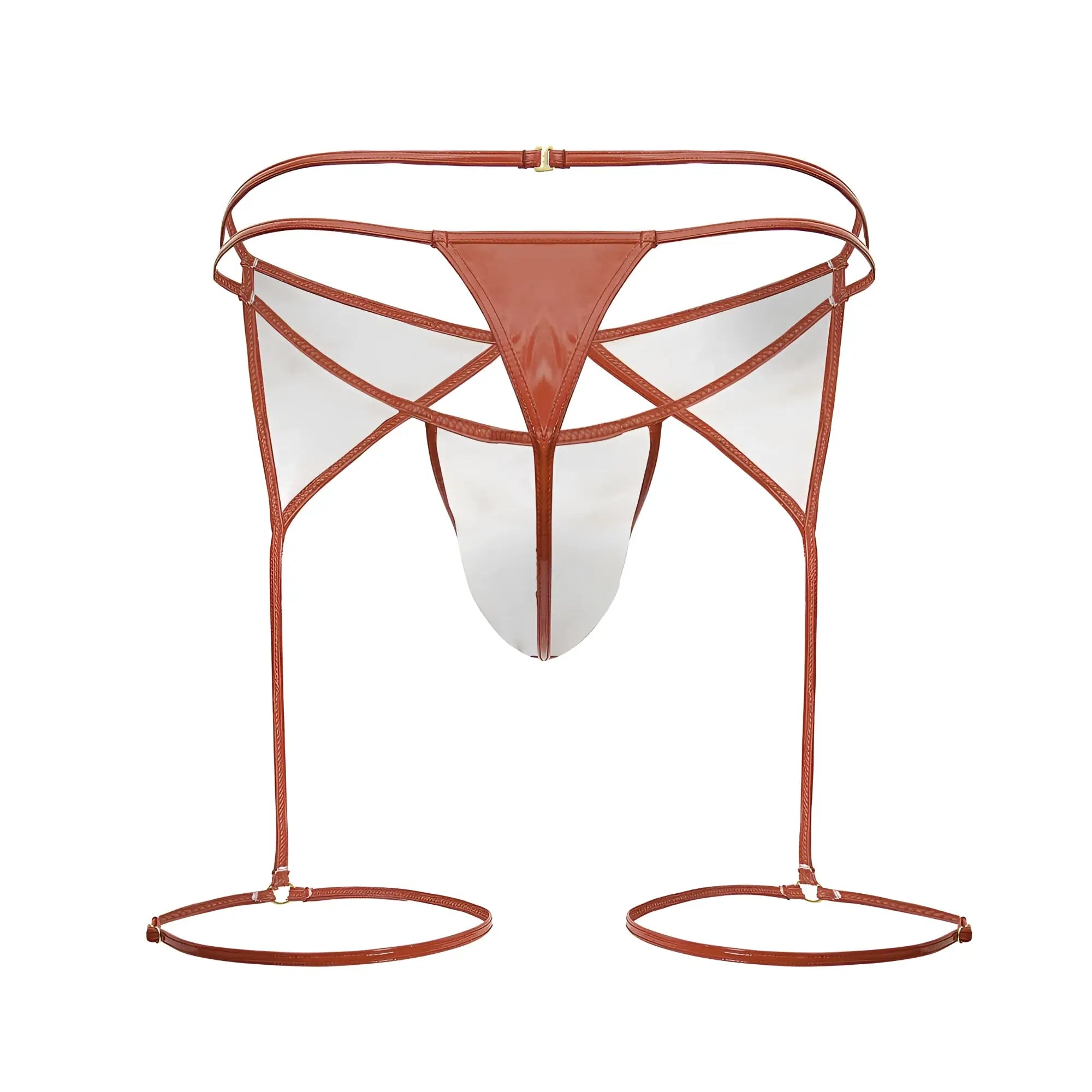 Brown leather strappy bikini bottom with transparent panels and adjustable leg loops from candyman 99825 dom outfit red