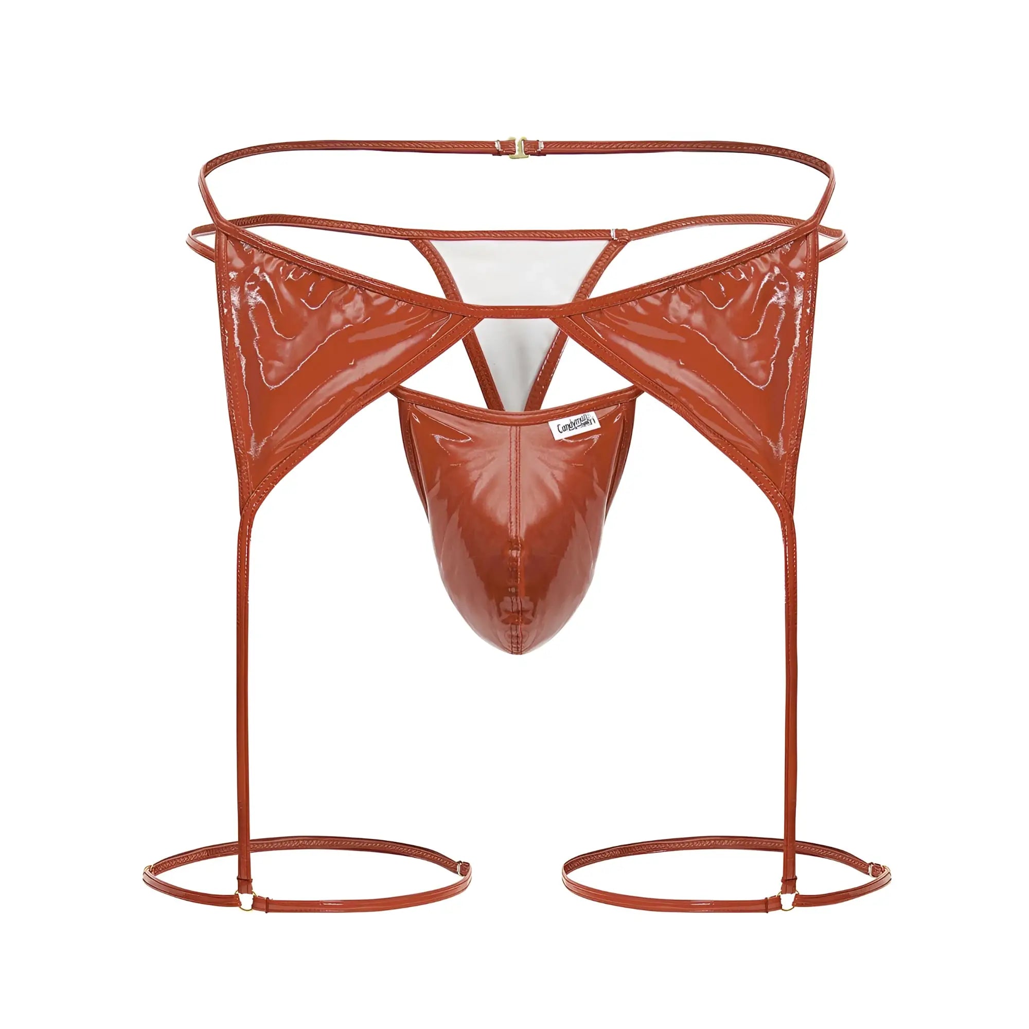 Copper-colored patent leather garter belt with matching thong and leg straps from candyman 99825 dom outfit red