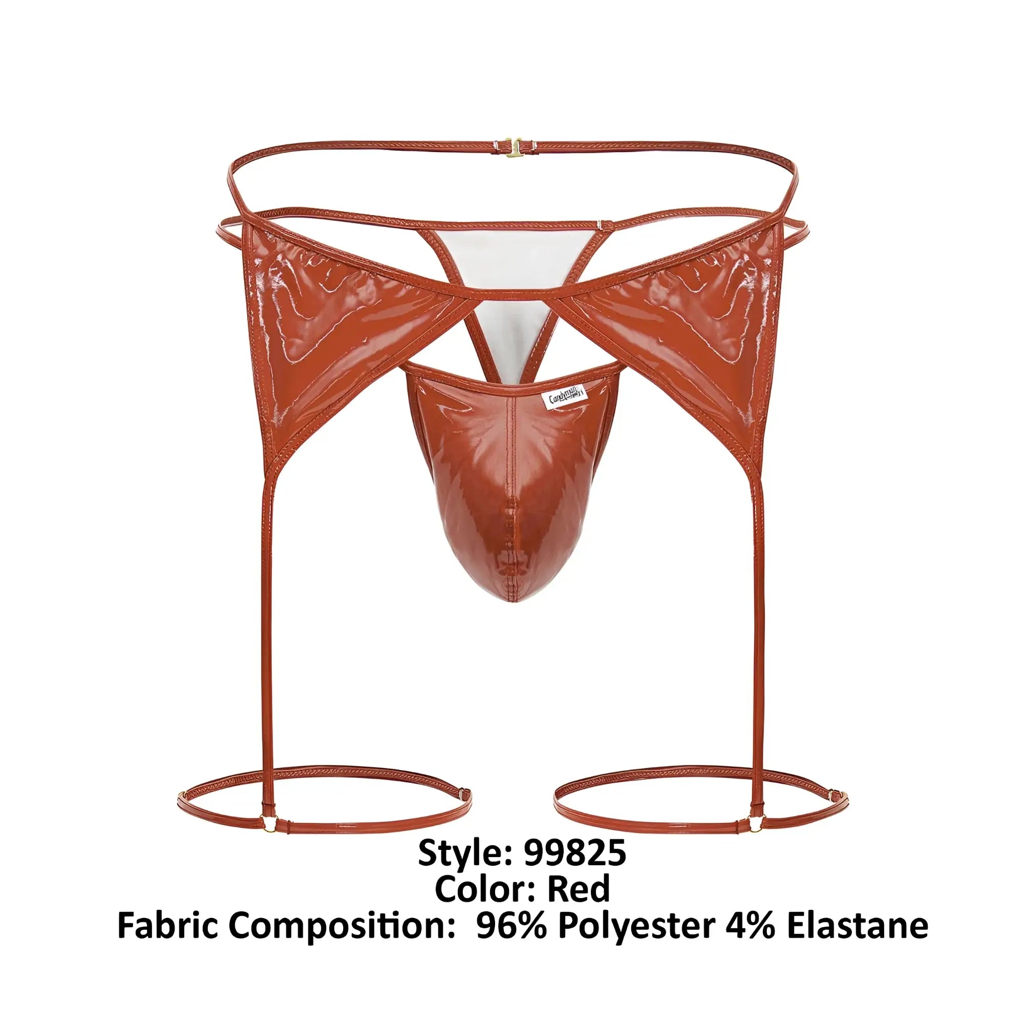 Red glossy polyester and elastane briefs with high-cut design and foot loops candyMan 99825 dom outfit red