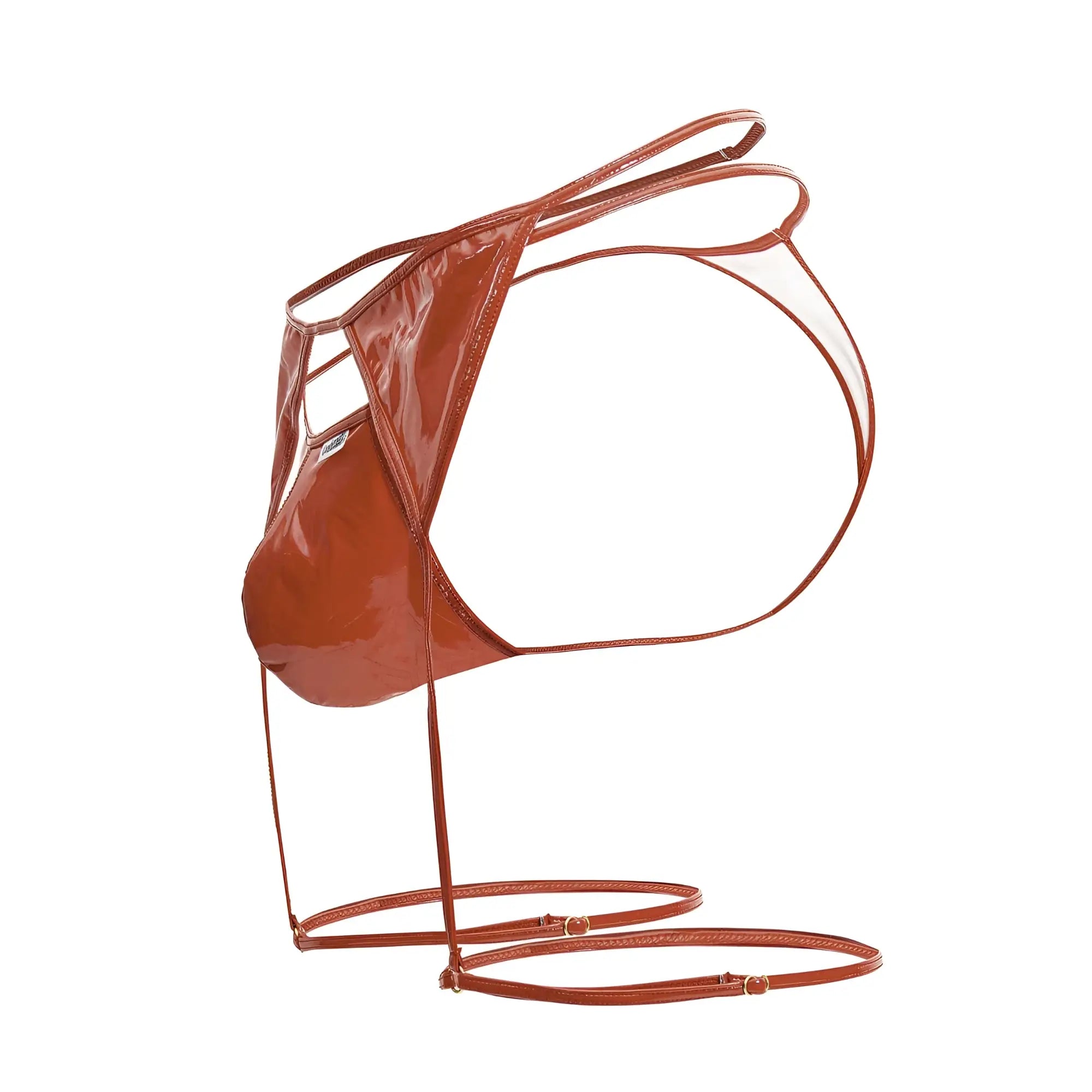A glossy rust-colored transparent thong with sleek minimalist design and adjustable straps from candyman 99825 dom outfit
