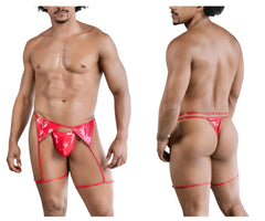 Red shiny latex thong with matching leg straps from CandyMan 99825 dom outfit in red color front view