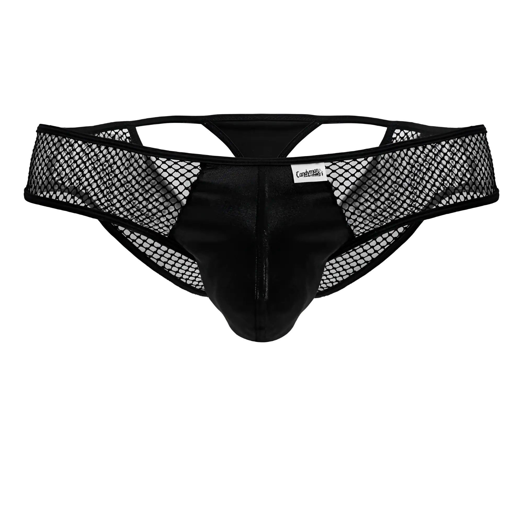 Black CandyMan 99826 fishnet thong briefs with satin central front panel and mesh sides for a sexy look
