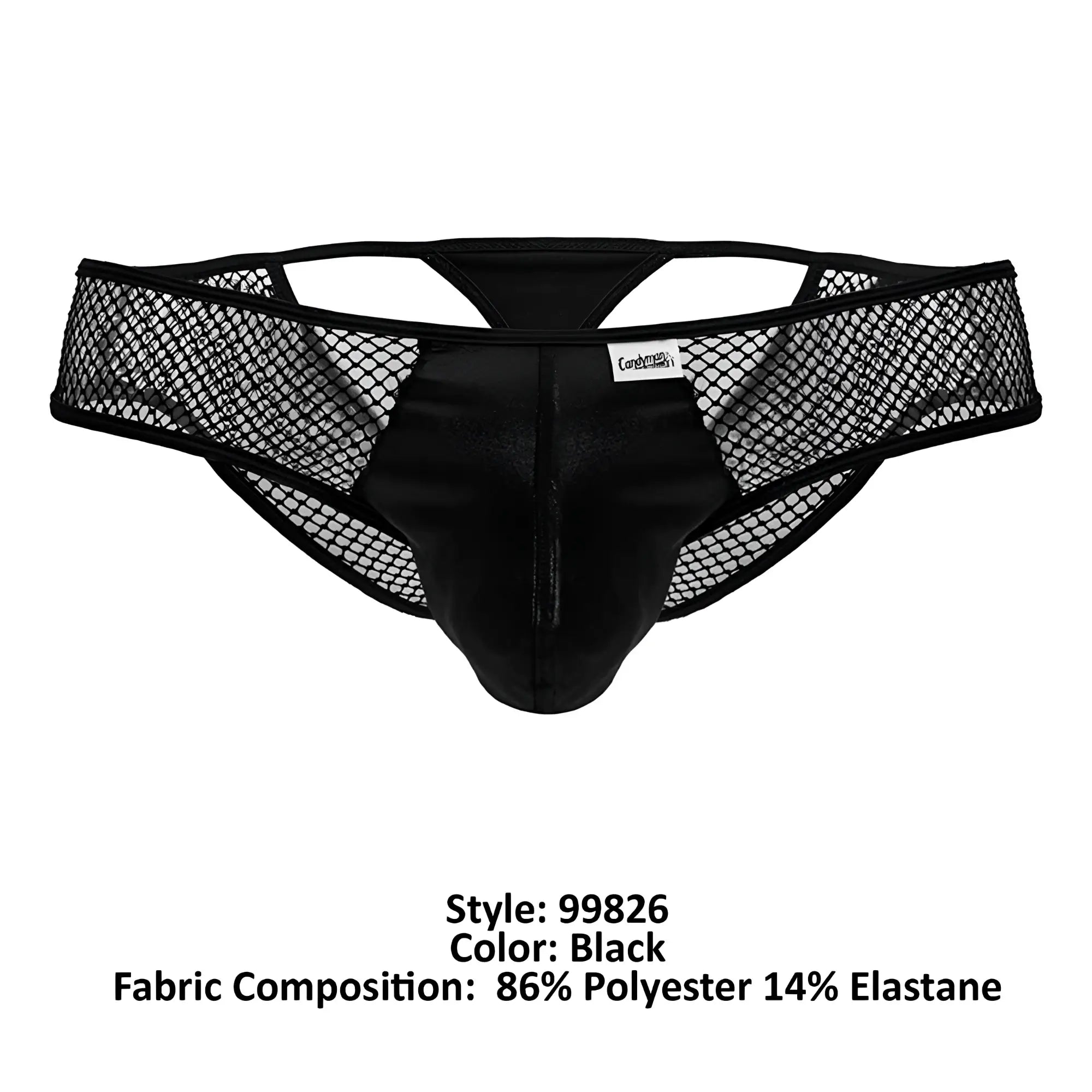 Black candyMan 99826 fishnet thongs with satin briefs and central seam featuring corduroy waistband label