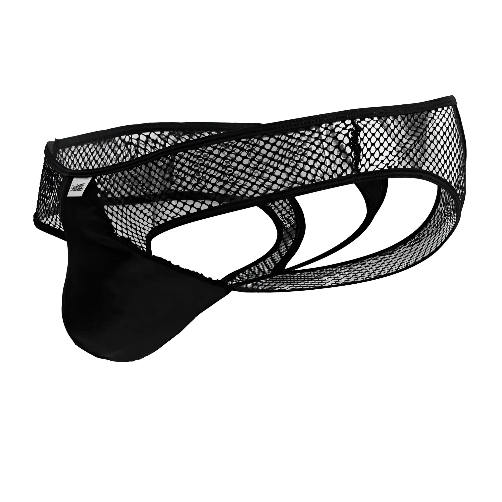 Candyman 99826 fishnet thongs in black featuring black mesh briefs with a solid black padded front panel