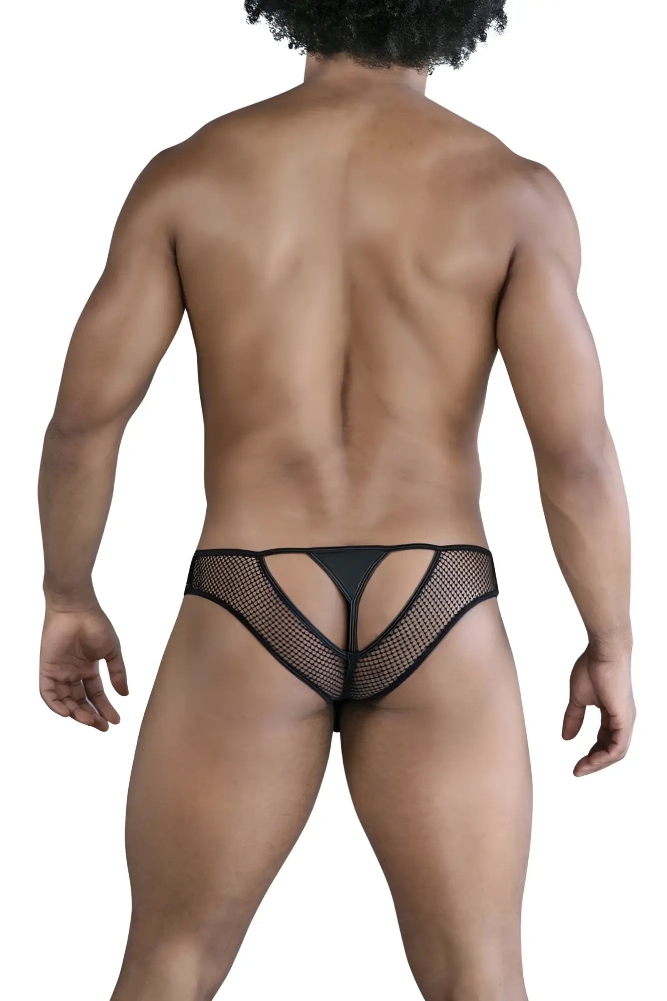 Back side of black CandyMan 99826 fishnet thong with a cut-out design made of mesh material