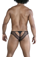 Back side of black CandyMan 99826 fishnet thong with a cut-out design made of mesh material