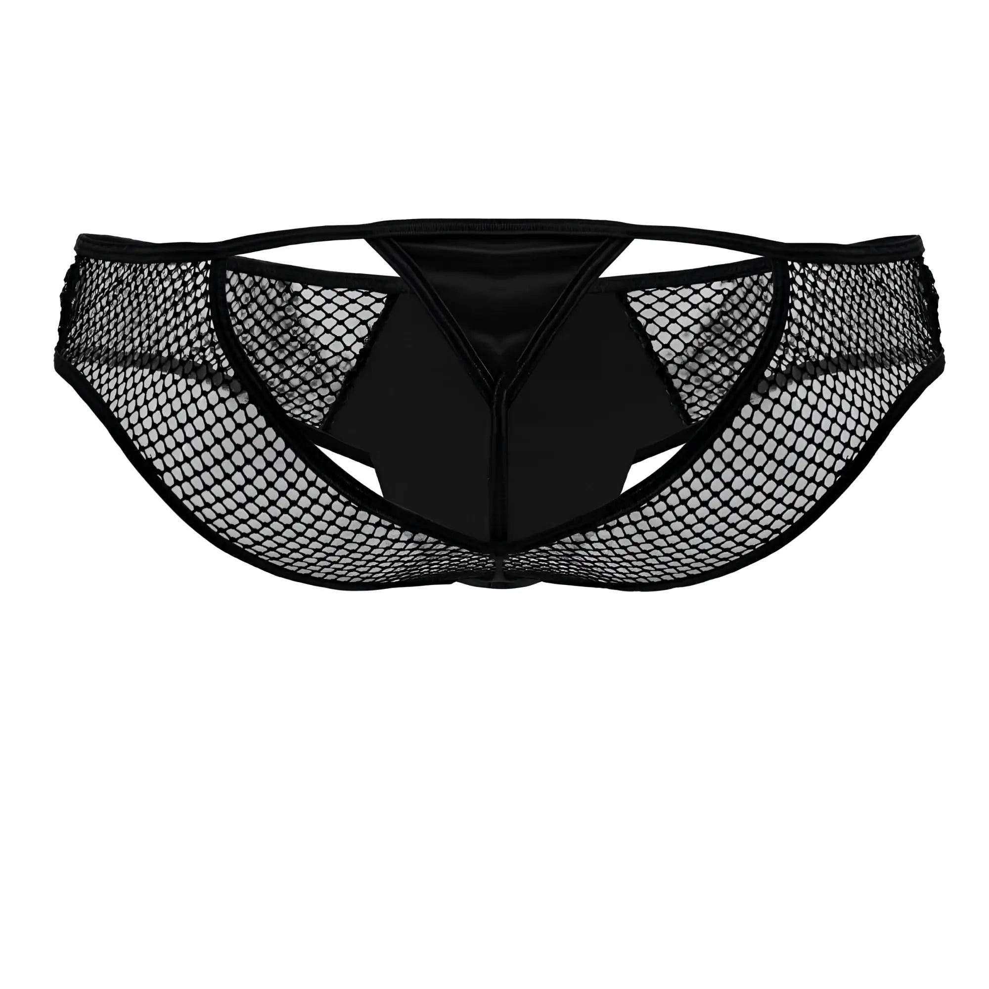 Black mesh thong with a satin panel at the center from candyman 99826 fishnet thongs in black color
