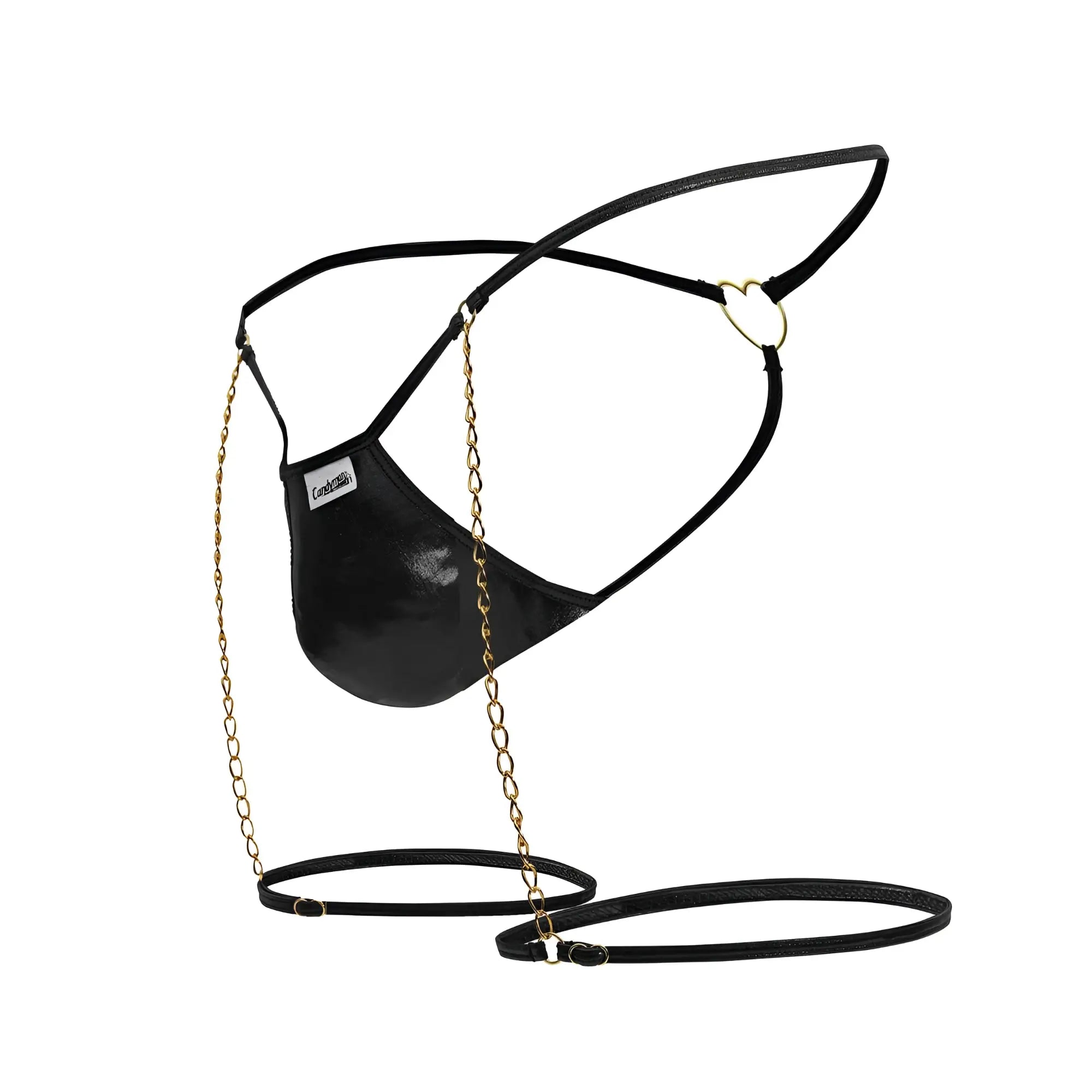 Black glossy leather face mask with gold chain strap and heart-shaped metal ring from candyman 99827 chain-garter thongs