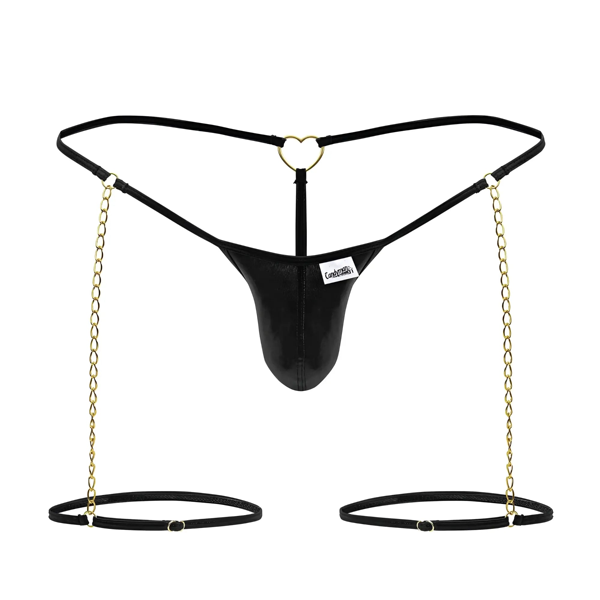 Black leather CandyMan 99827 chain-garter thong with gold chain straps and heart-shaped metal clasp in black