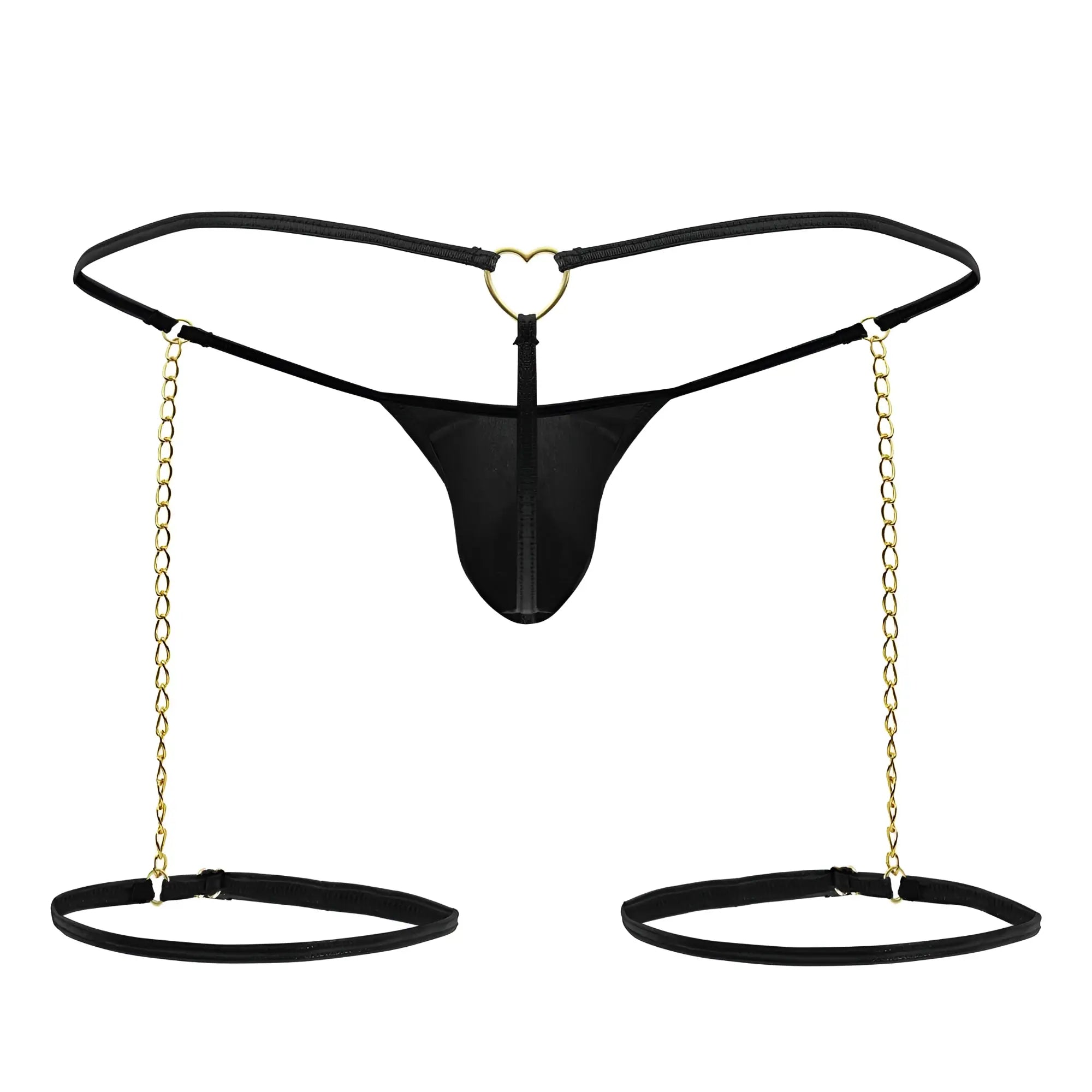 Black thong candy man 99827 with heart-shaped metal clasp gold chains and adjustable ankle cuffs shown from the back