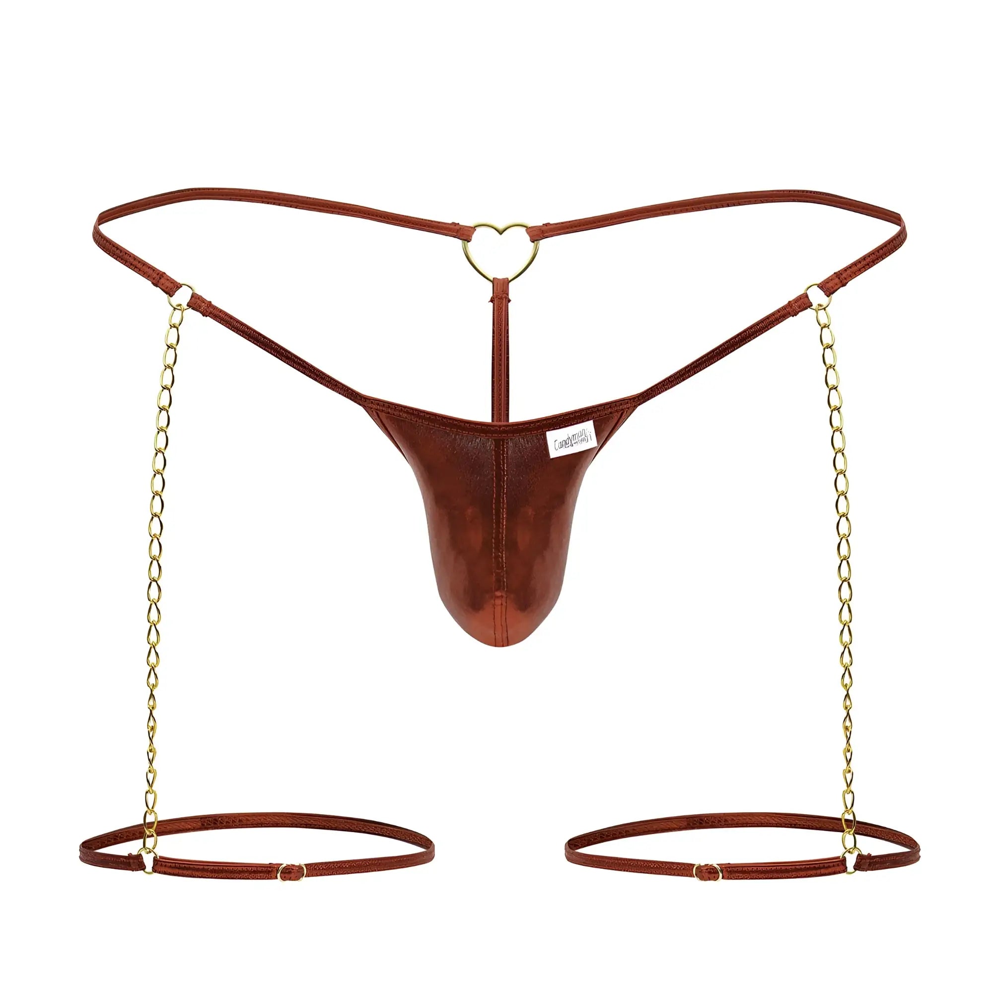 CandyMan 99827 red chain-garter thong with brown metallic finish gold heart clasp and adjustable leg straps shown from back