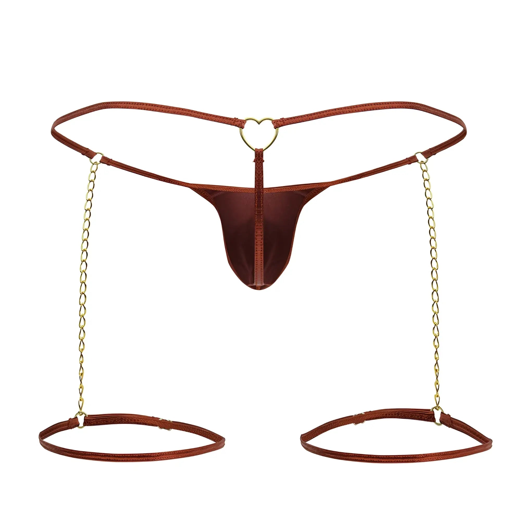 Brown satin thong with gold heart ring and matching chains attached to adjustable ankle cuffs candyMan 99827 red