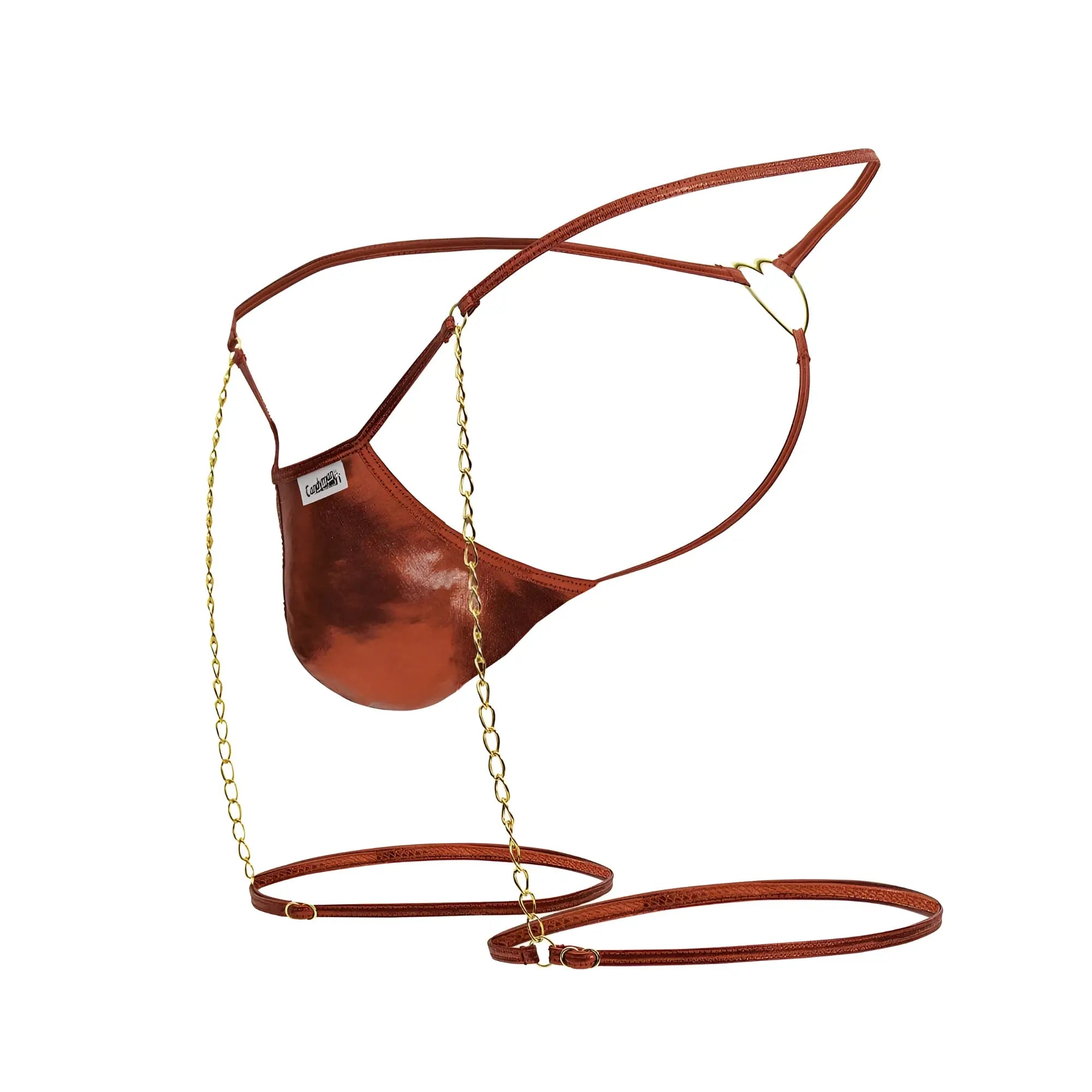 CandyMan 99827 chain-garter thong in copper metallic with gold chain and heart-shaped metal clasp in red color