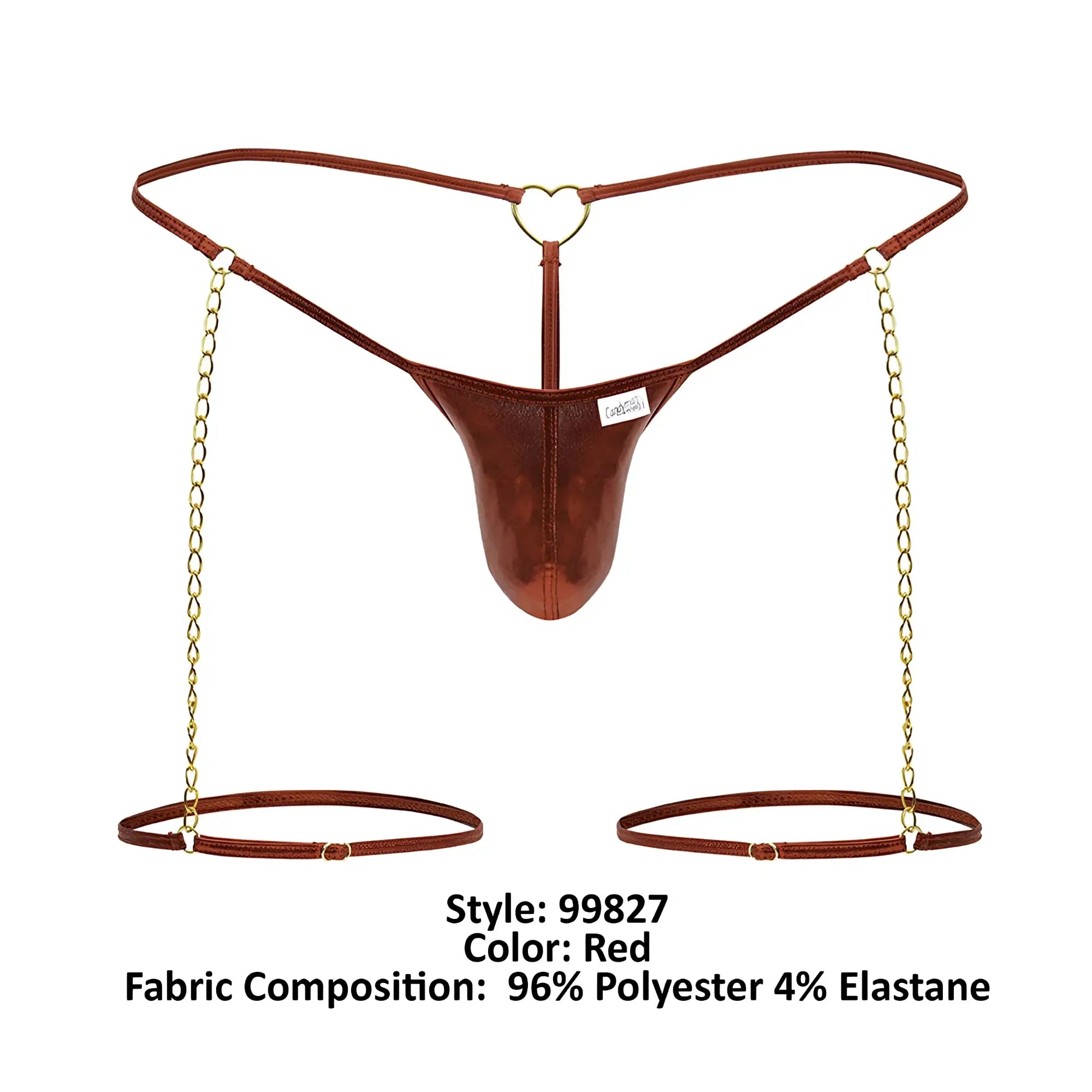 Red metallic leather thong with gold heart-shaped clasp and matching chains from CandyMan 99827 chain-garter thongs