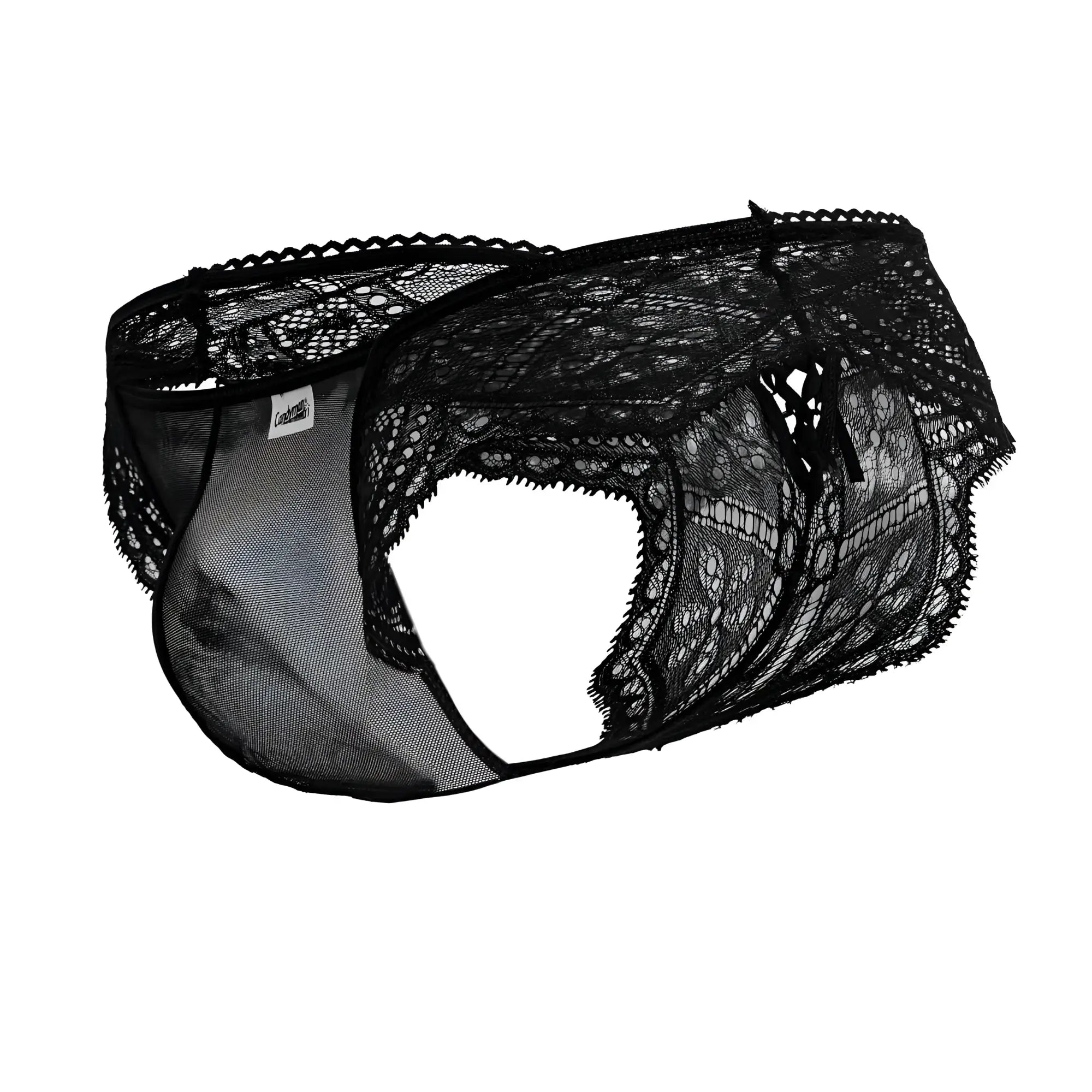 CandyMan 99828 lace-mesh thongs in black men’s underwear with intricate floral lace and mesh panel details