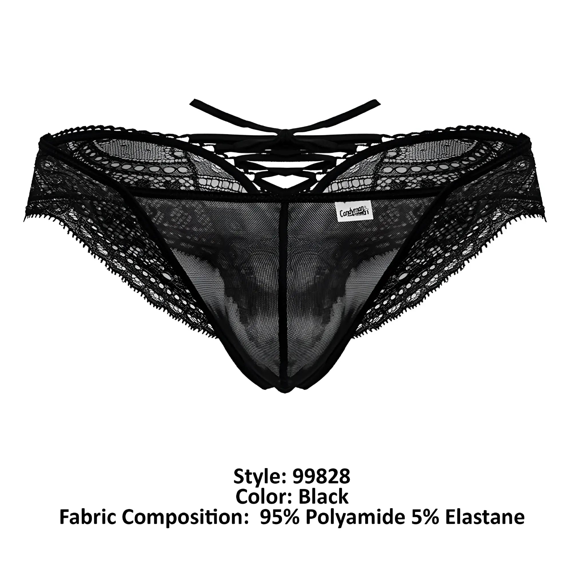 Black candyMan 99828 lace-mesh thong with scalloped edges and crisscross back tie shown from the back side
