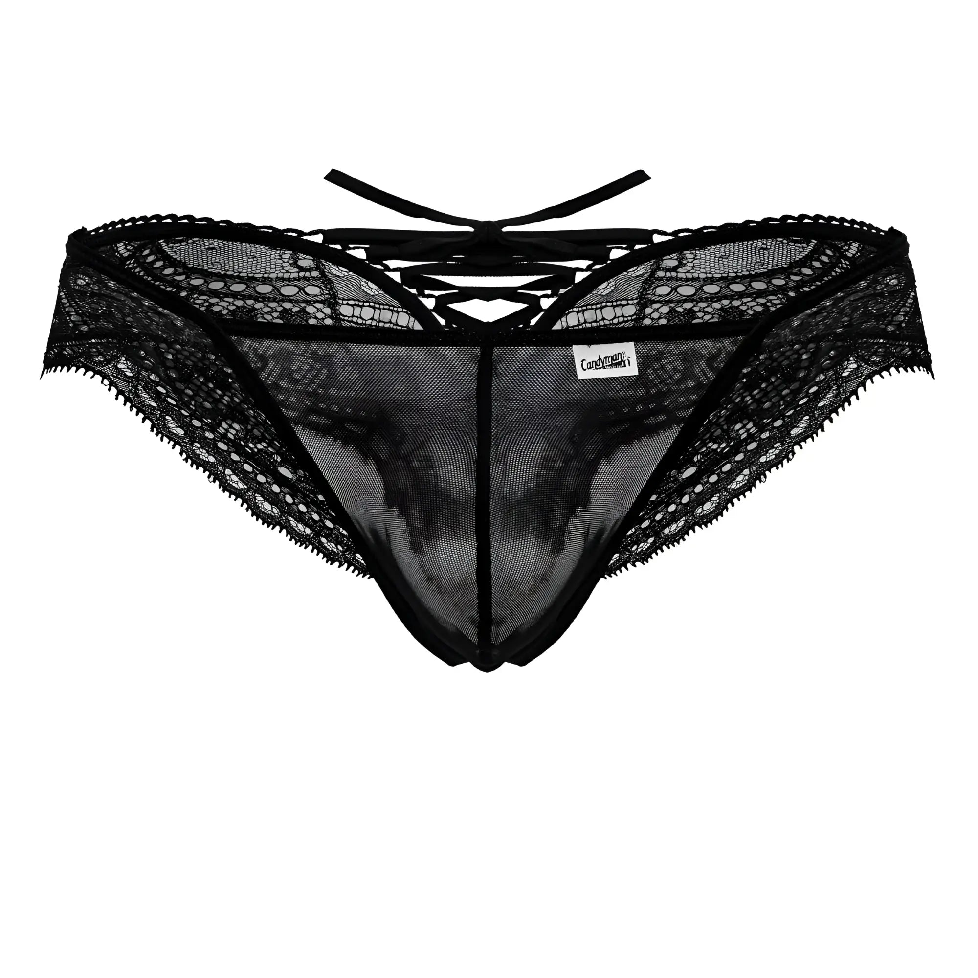 Black lace mesh thong candyMan 99828 with crisscross back tie and sheer panel shown from the back side