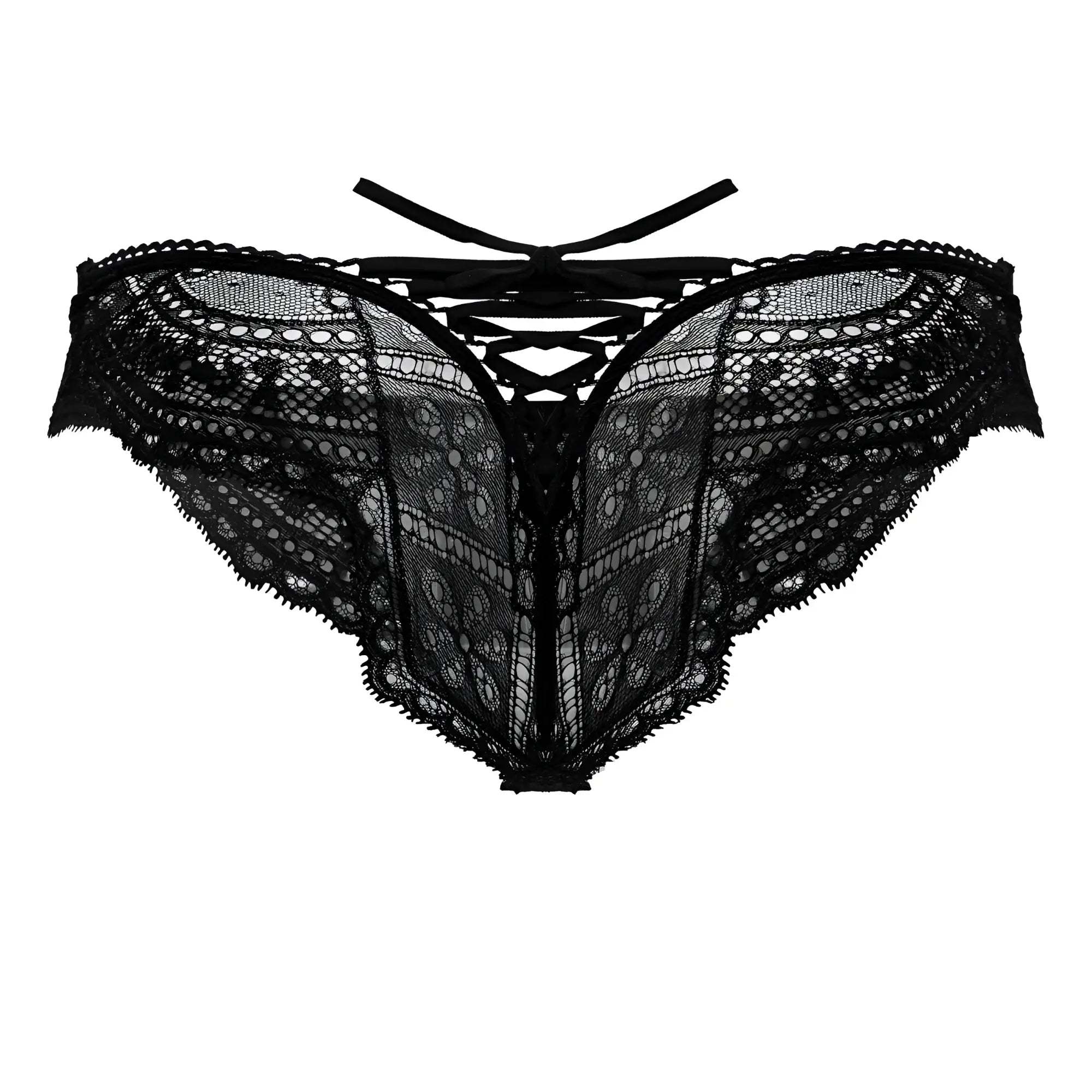 Black lace thong candyMan 99828 with intricate floral patterns and tied-back design in black lace mesh fabric