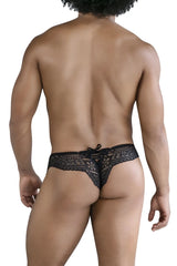 Black lace mesh thong with tied-back design shown from the back in the candyman 99828 lace-mesh thongs black