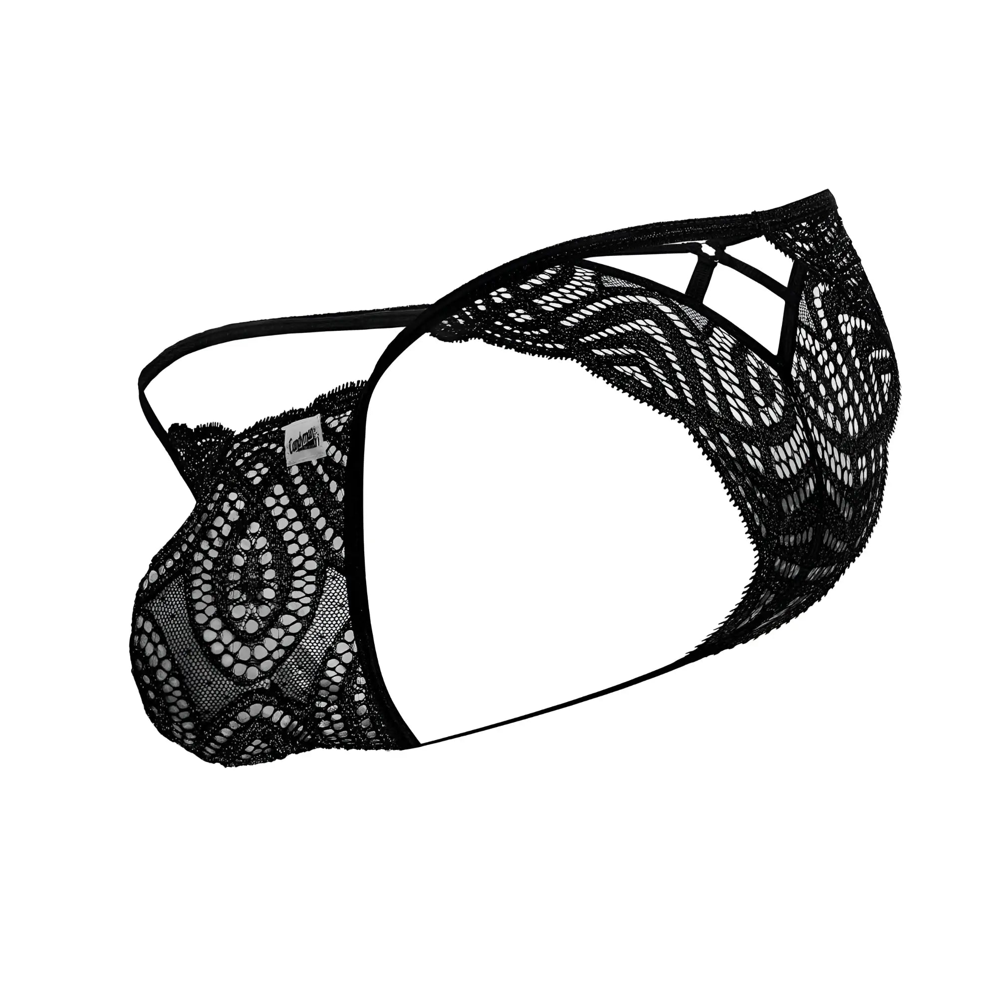 Black lace thong candyman 99829 with intricate floral patterns and delicate sheer design in black color
