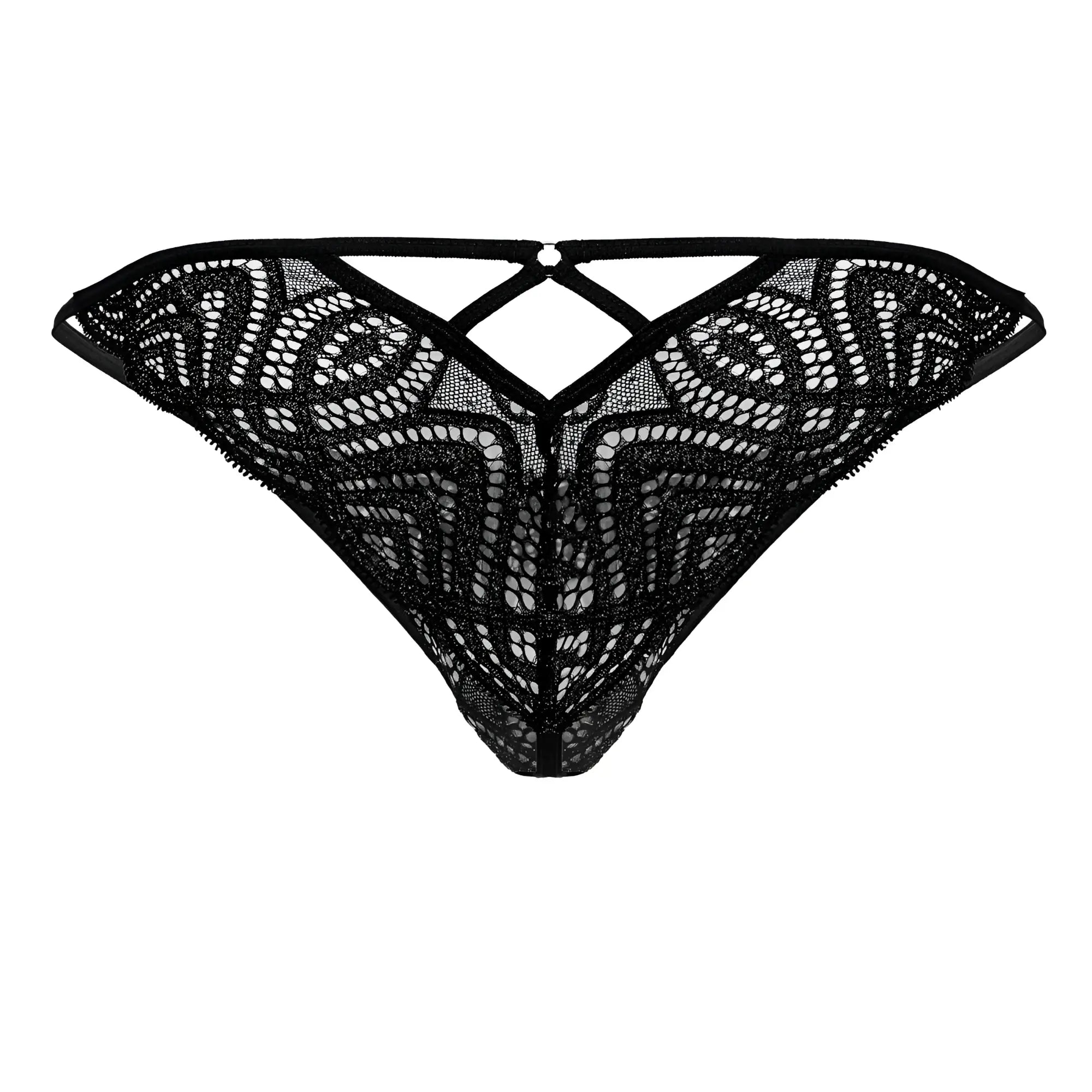 Black lace thong candy man 99829 with intricate geometric and circular patterns and a crisscross back design