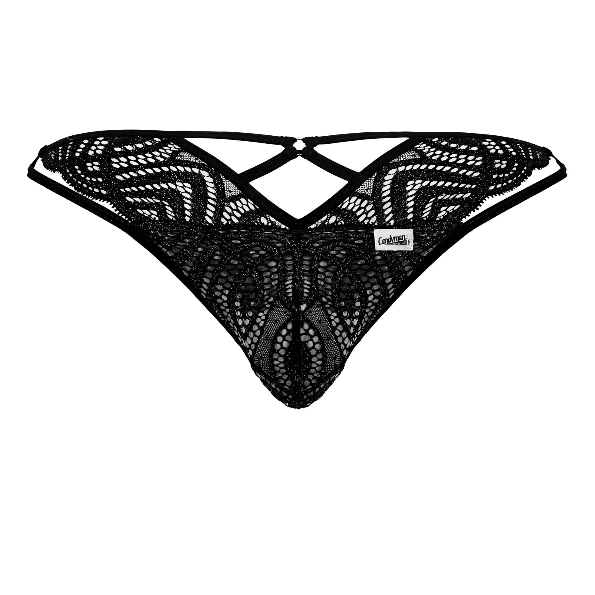 Black lace thong candyman 99829 featuring intricate geometric patterns and a crisscross back design visible from behind
