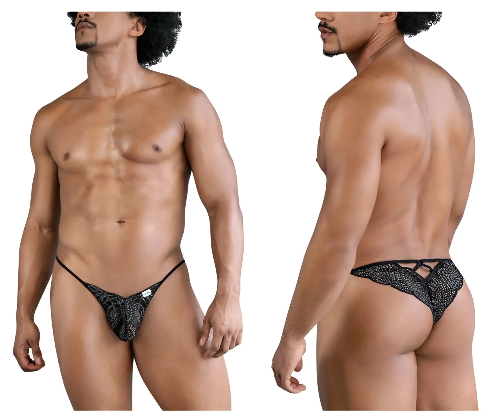 Black lace thong candyMan 99829 with textured patterned design and adjustable straps in black color