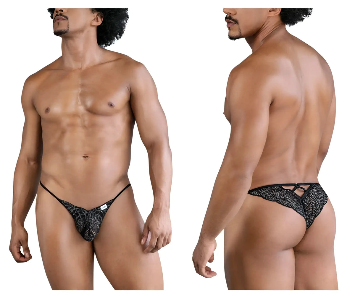Black lace thong candyMan 99829 with textured patterned design and adjustable straps in black color