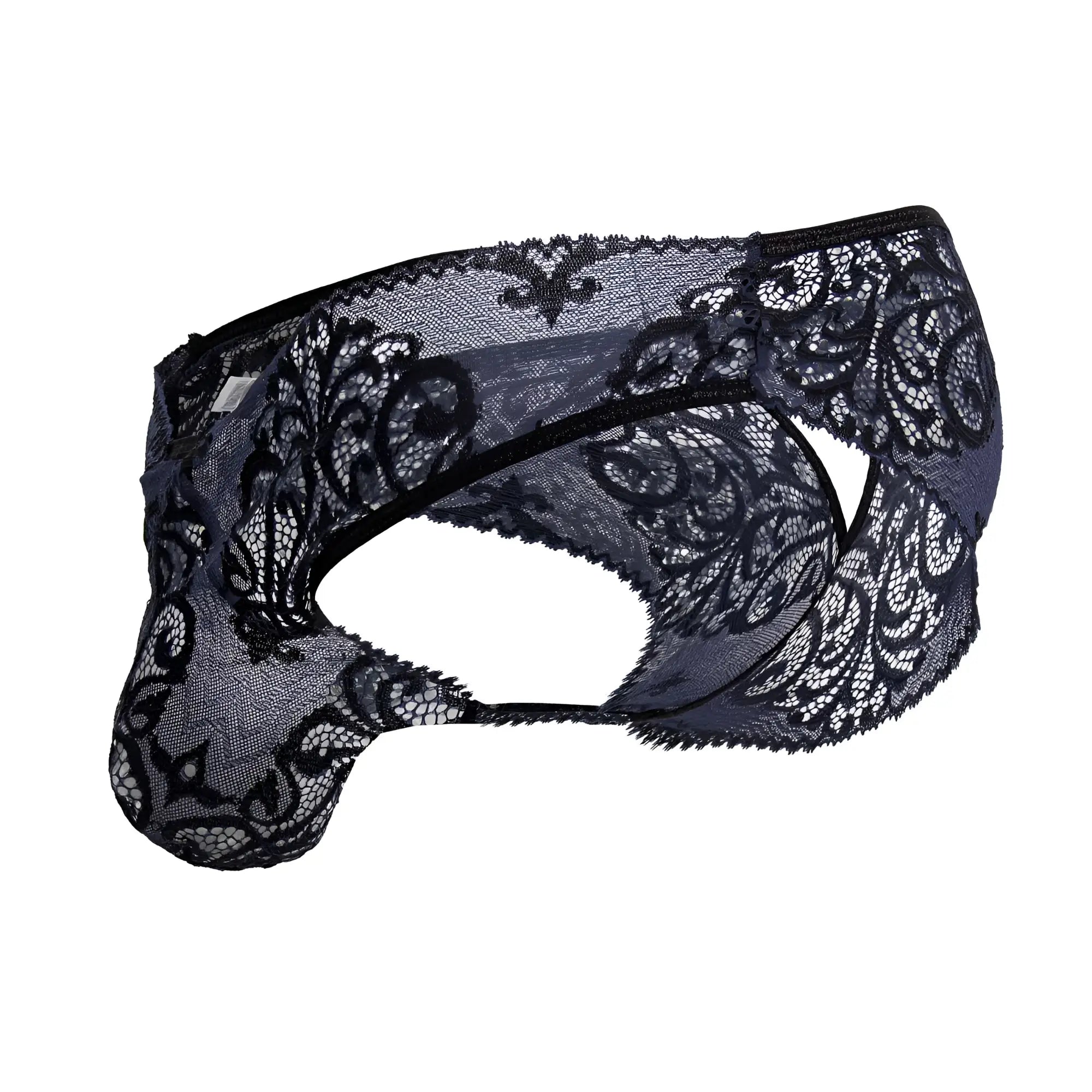CandyMan 99830 lace briefs men’s underwear in black with intricate floral patterns and sheer mesh texture