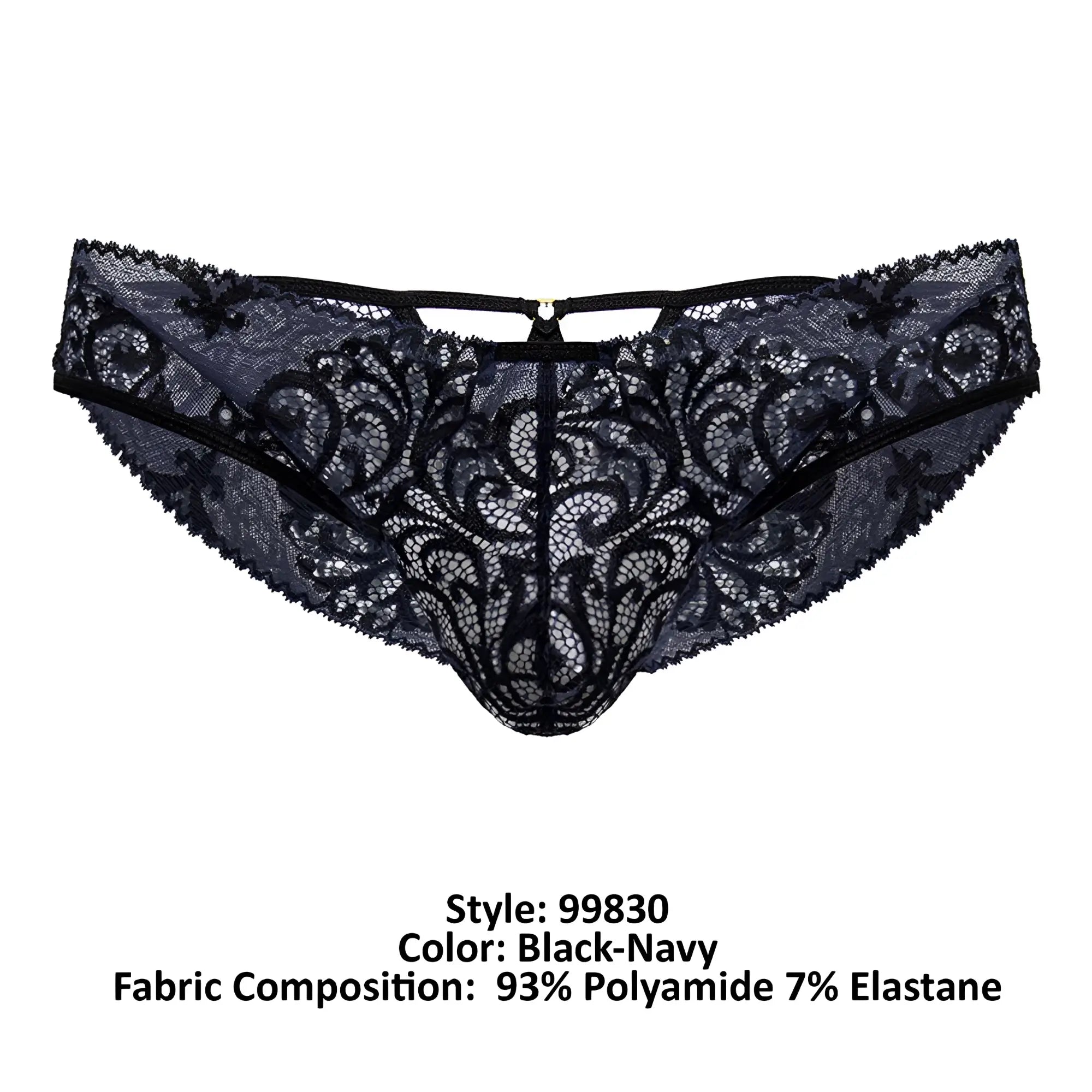 Black-navy CandyMan 99830 lace thong with intricate floral patterns and a central clasp in lace fabric