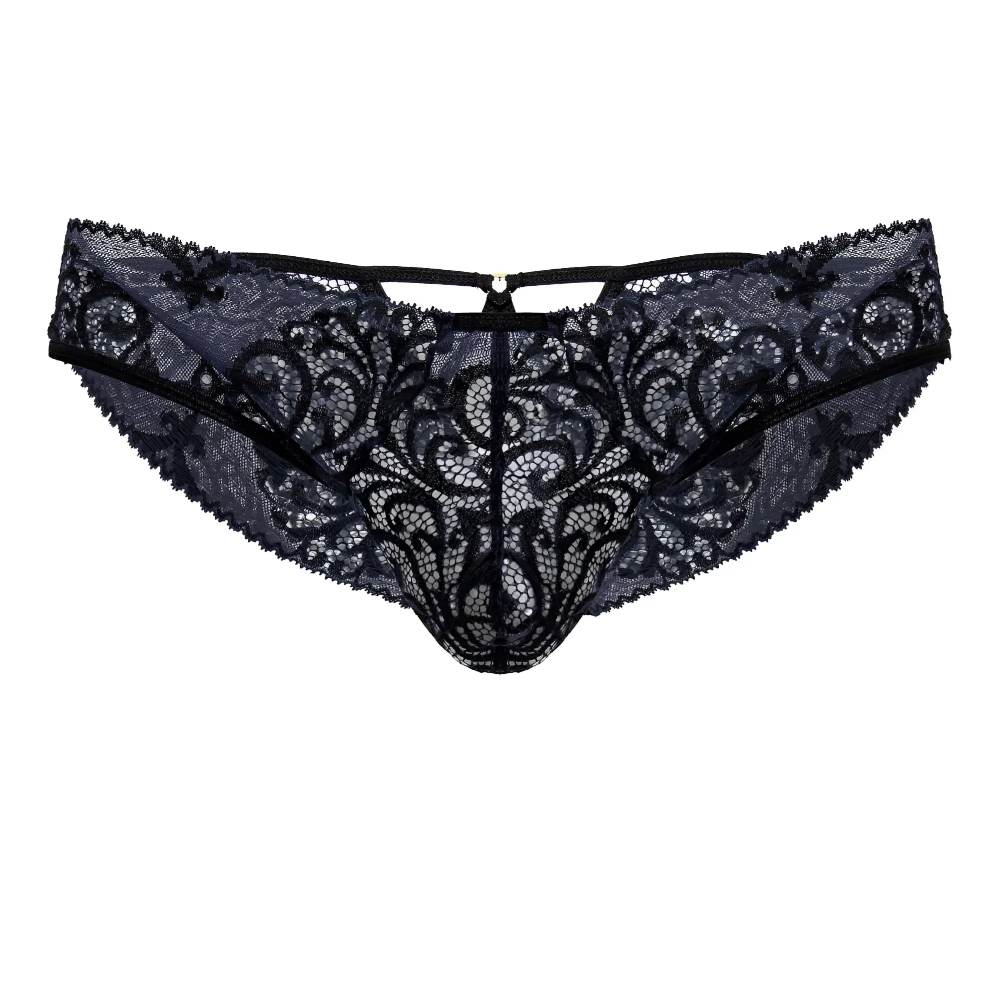 CandyMan 99830 black-navy lace briefs black lace thong with intricate floral patterns and central zipper closure