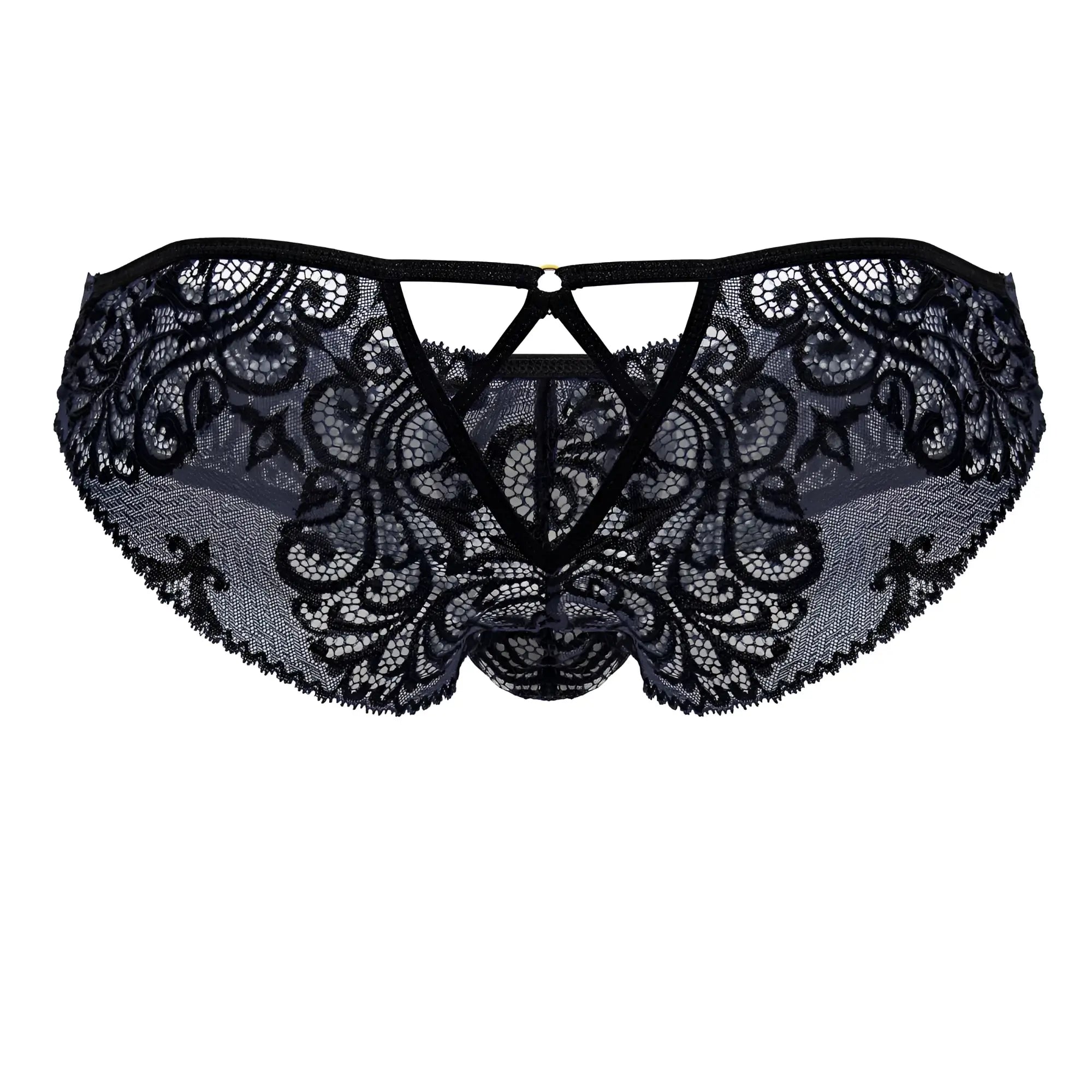 Black lace CandyMan 99830 briefs with intricate floral patterns and a central triangular cutout design in black-navy