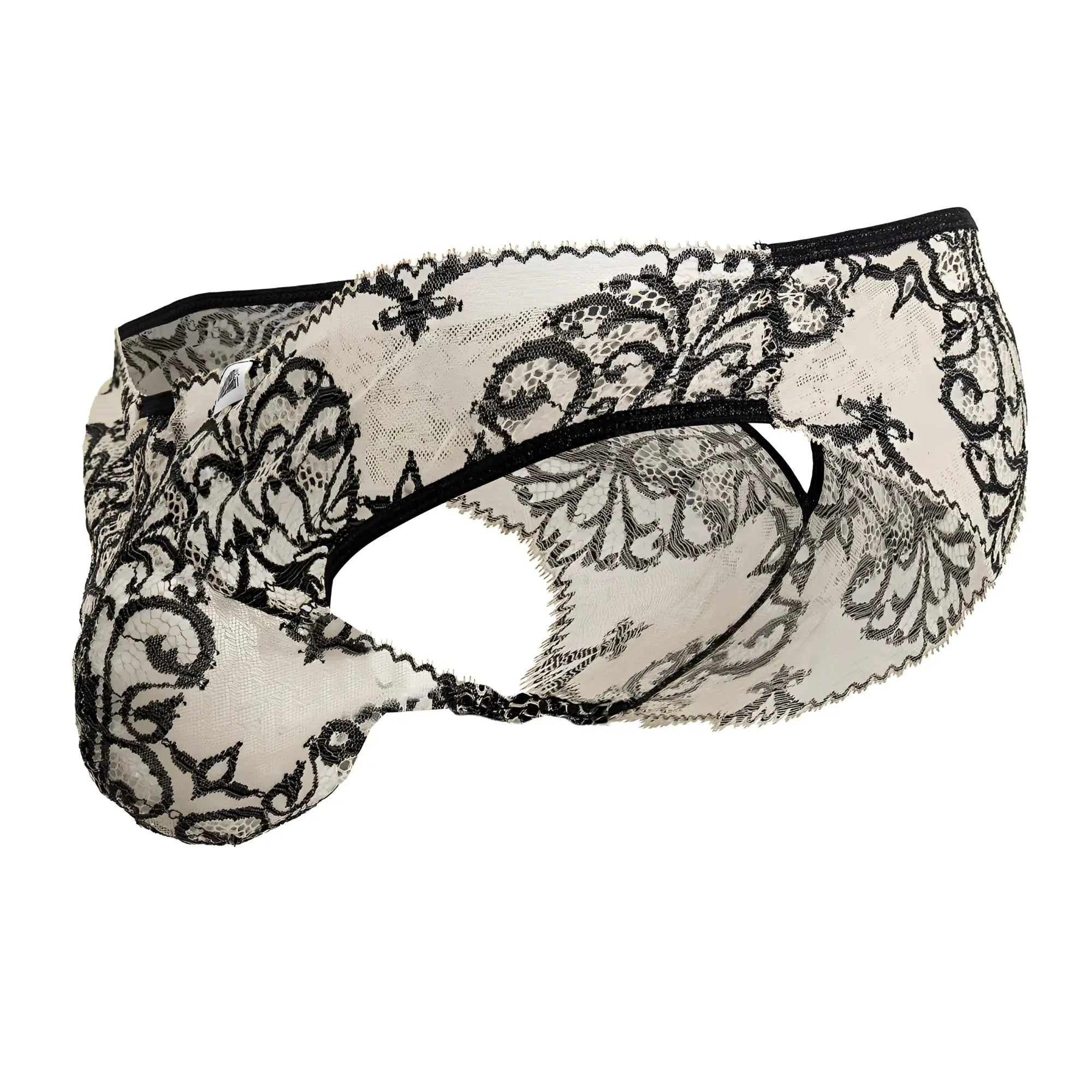 Candyman 99830 lace briefs in nude black feature black and cream intricate floral lace men’s underwear design