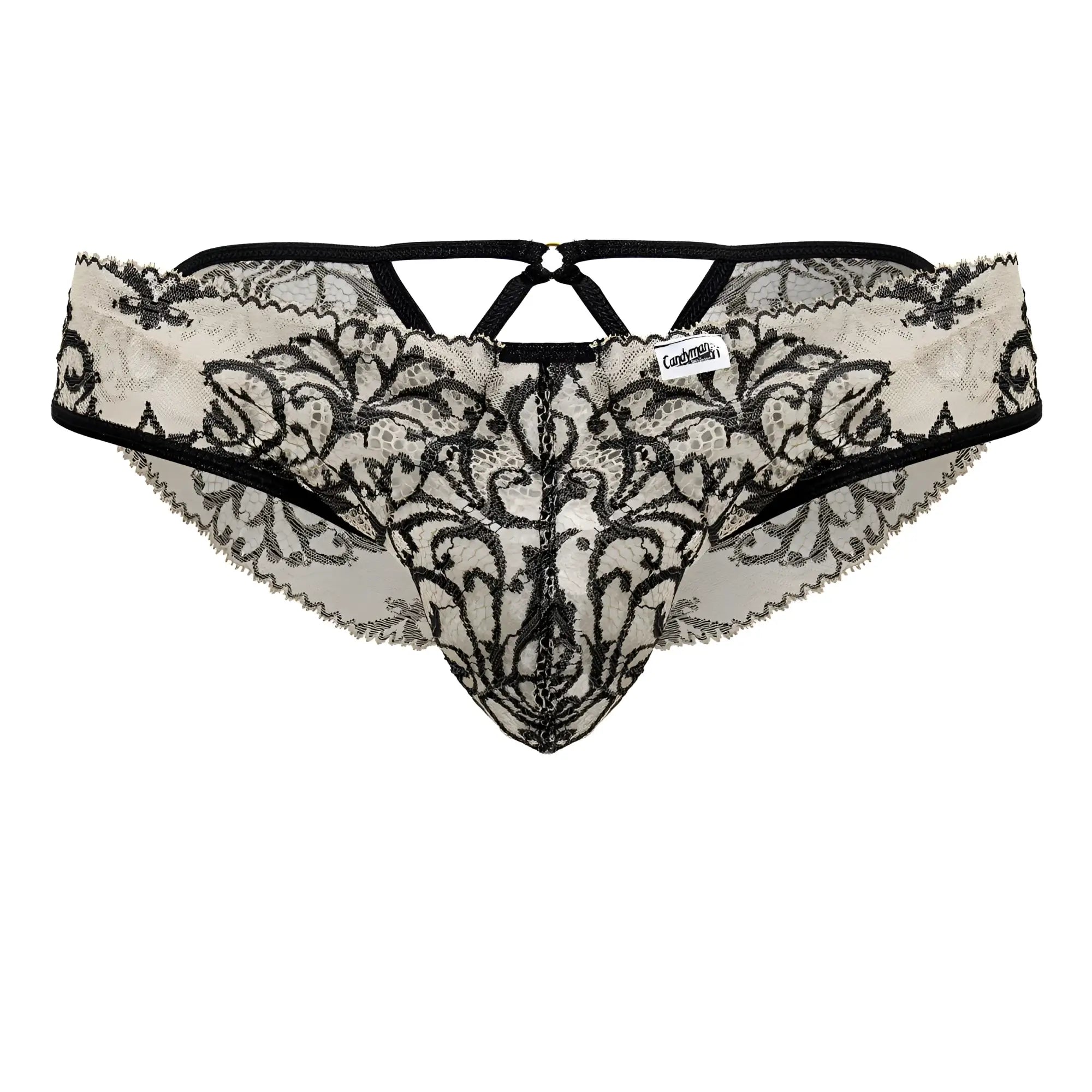 Black and cream lace thong with intricate floral patterns candyMan 99830 lace briefs color nude-black