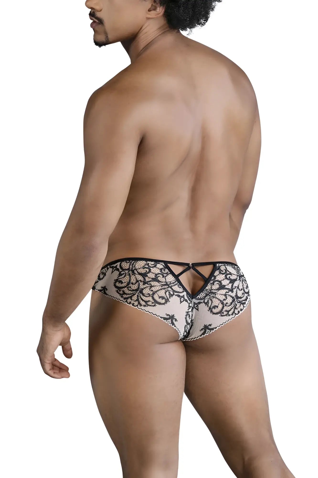 Black lace thong candyMan 99830 with intricate floral patterns in nude-black color shown from the back with a tie design