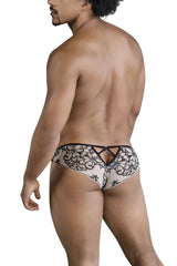 Black lace thong candyMan 99830 with intricate floral patterns in nude-black color shown from the back with a tie design