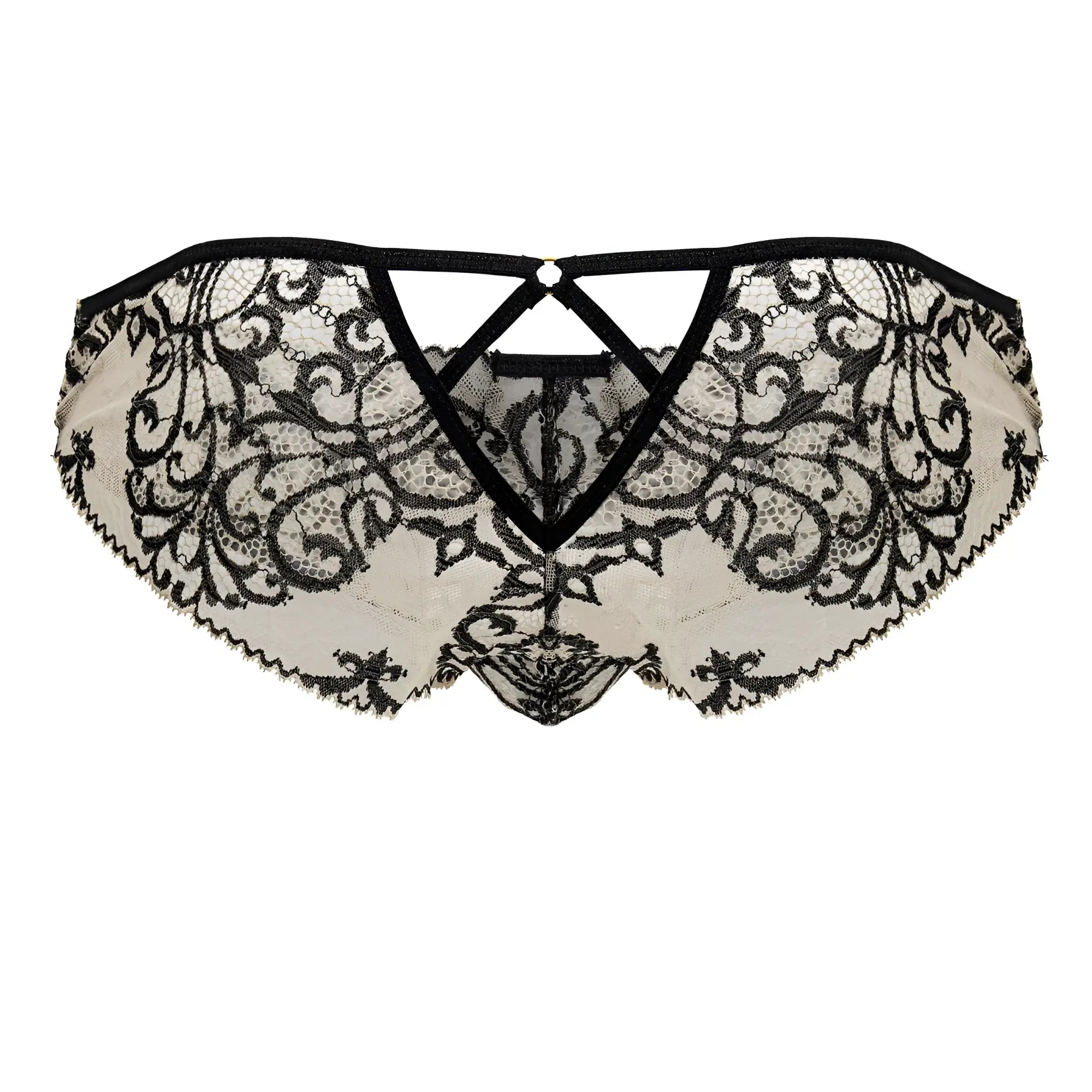 CandyMan 99830 lace briefs in nude and black featuring intricate black floral lace on a sheer off-white base fabric