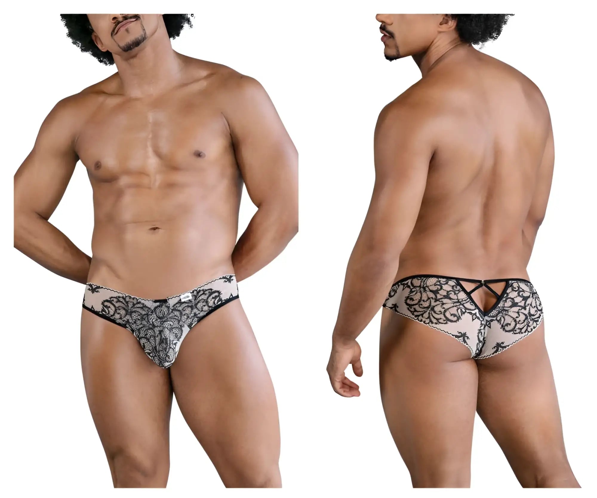 Back view of candyman 99830 nude-black lace briefs with decorative back tie design for men