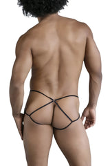 Back view of candyman 99831 cage jockstrap black thin elastic string bikini bottom with crisscross design