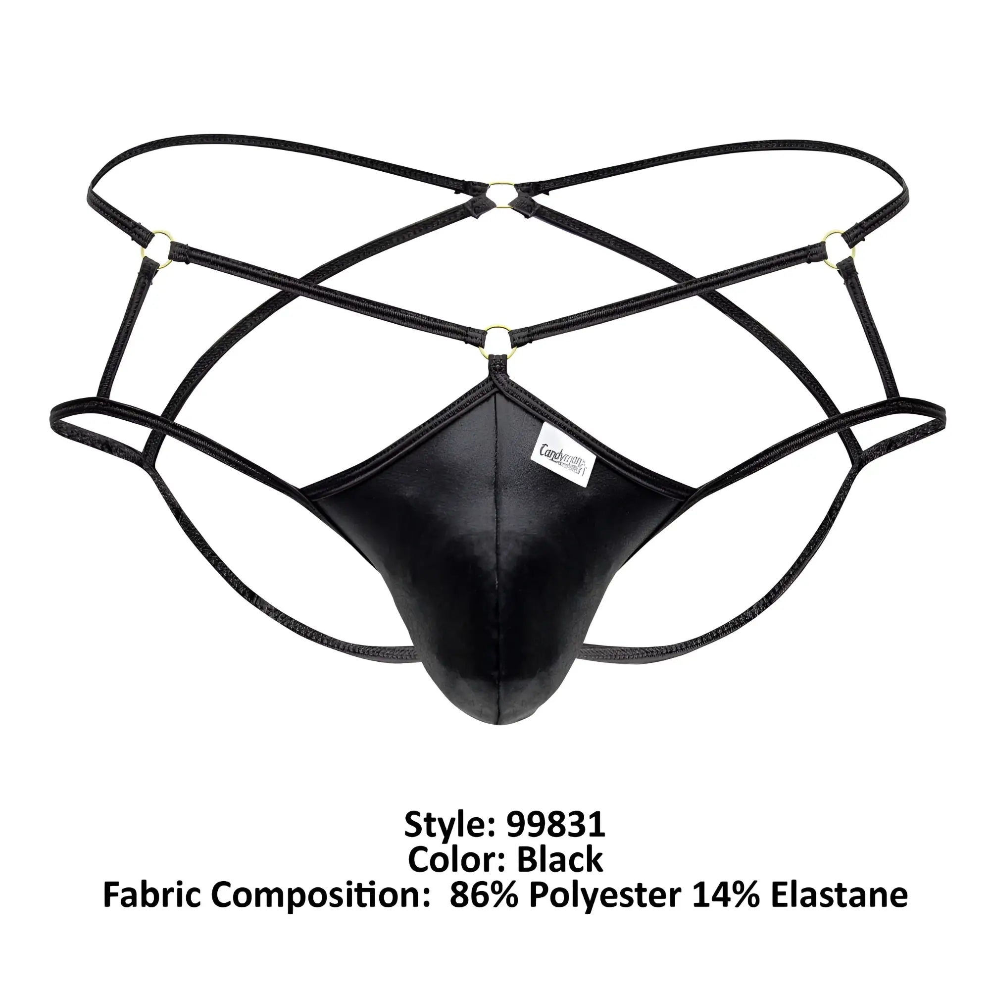 Black leather-like mens thong cage jockstrap with crisscrossing elastic straps and central panel by candyman